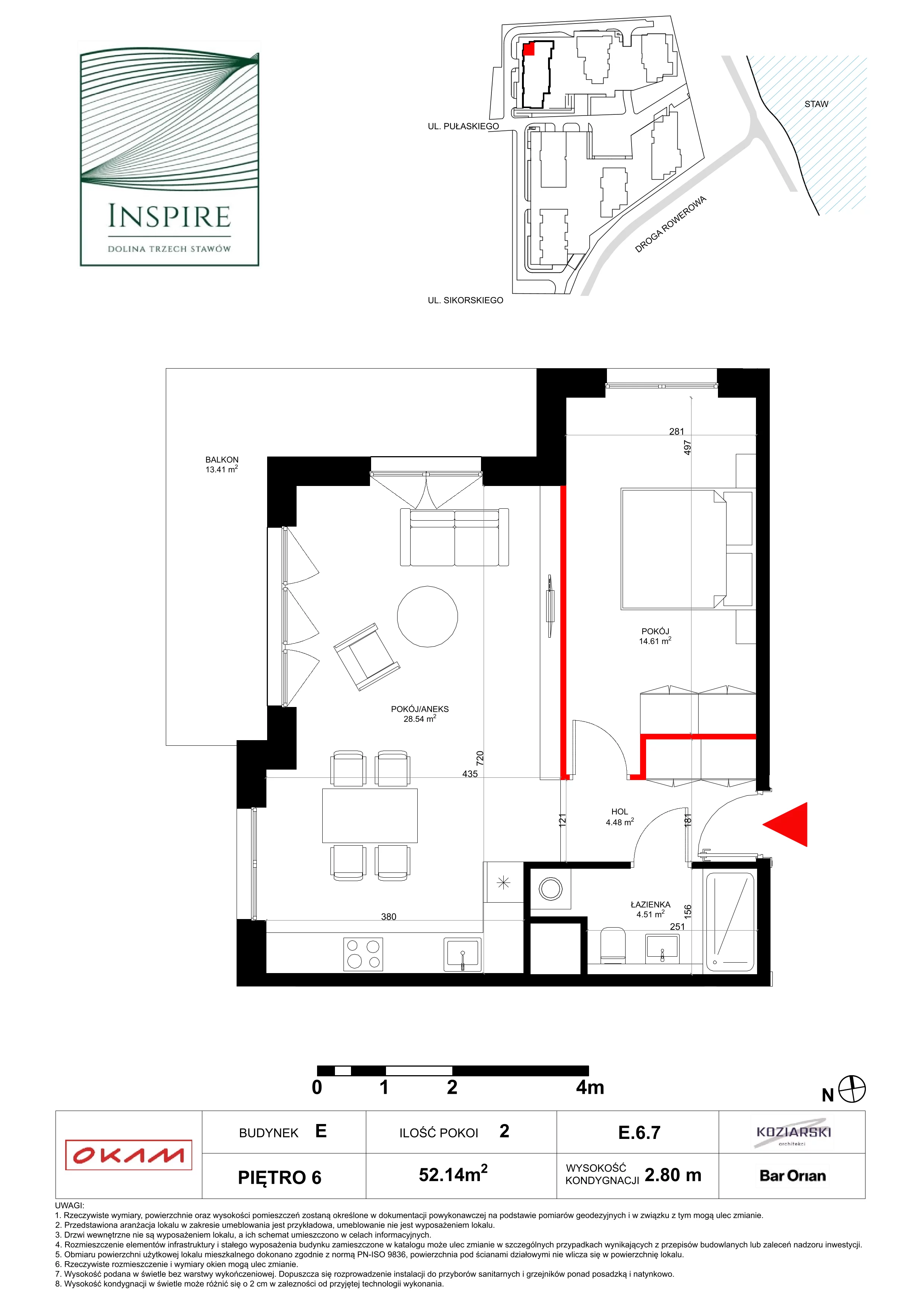 Mieszkanie 52,14 m², piętro 6, oferta nr E.6.7, Inspire, Katowice, Osiedle Paderewskiego-Muchowiec, Dolina Trzech Stawów, ul. gen. Sikorskiego 41