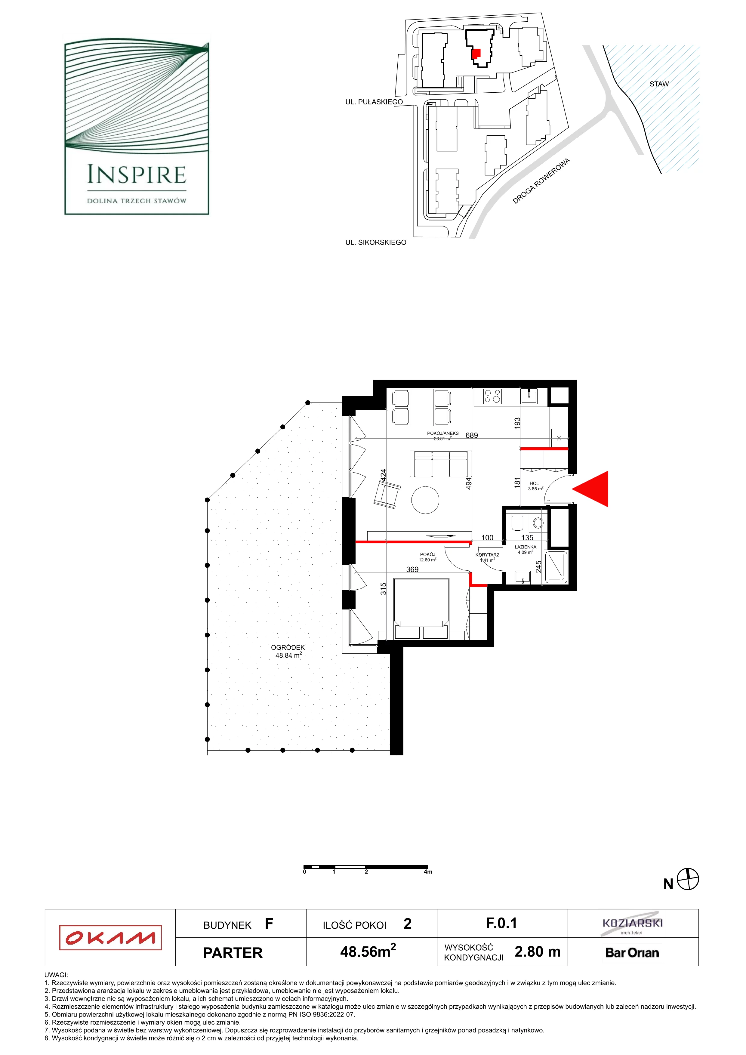 Mieszkanie 48,56 m², parter, oferta nr F.0.1, Inspire, Katowice, Osiedle Paderewskiego-Muchowiec, Dolina Trzech Stawów, ul. gen. Sikorskiego 41