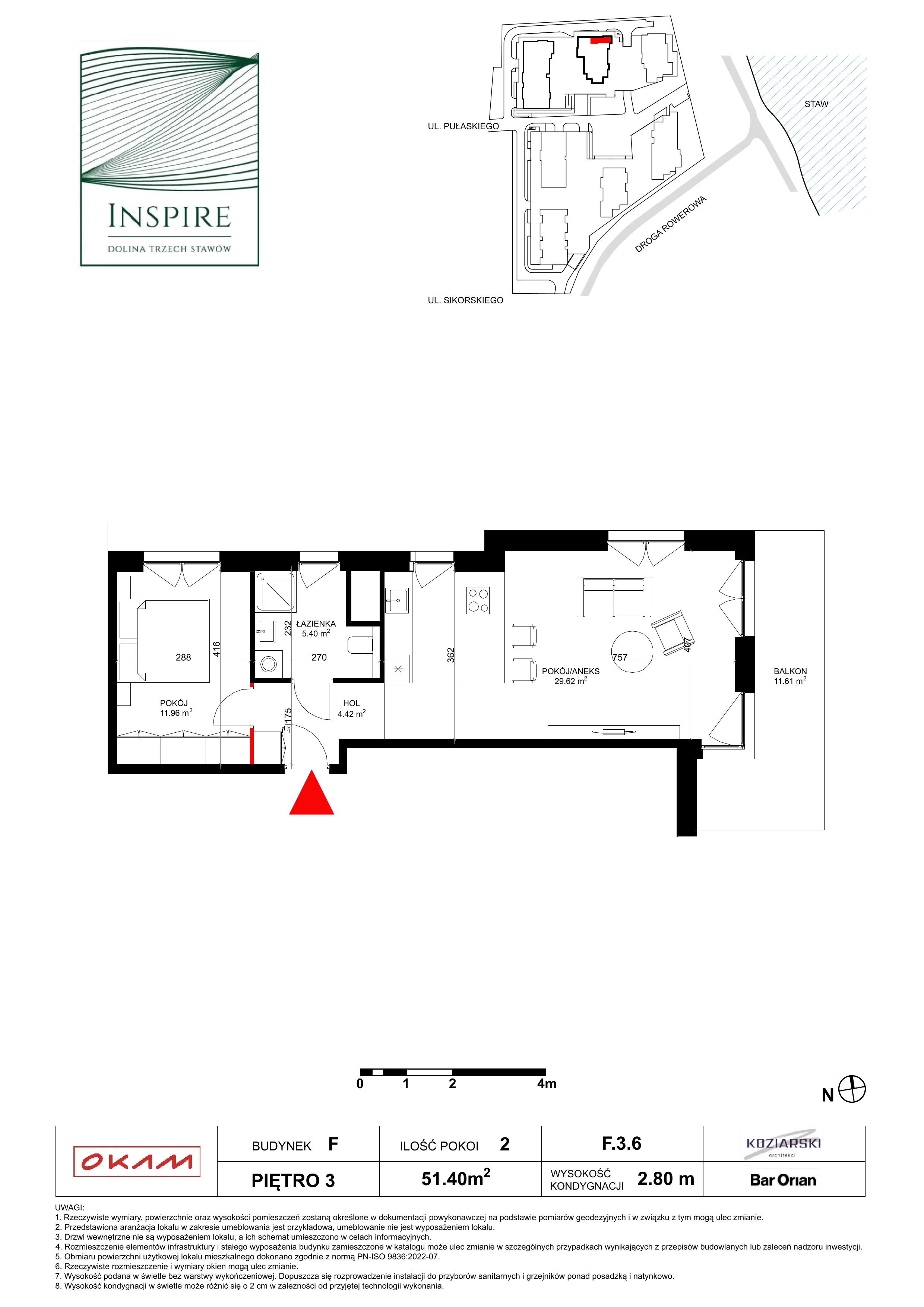 Mieszkanie 51,40 m², piętro 3, oferta nr F.3.6, Inspire, Katowice, Osiedle Paderewskiego-Muchowiec, Dolina Trzech Stawów, ul. gen. Sikorskiego 41