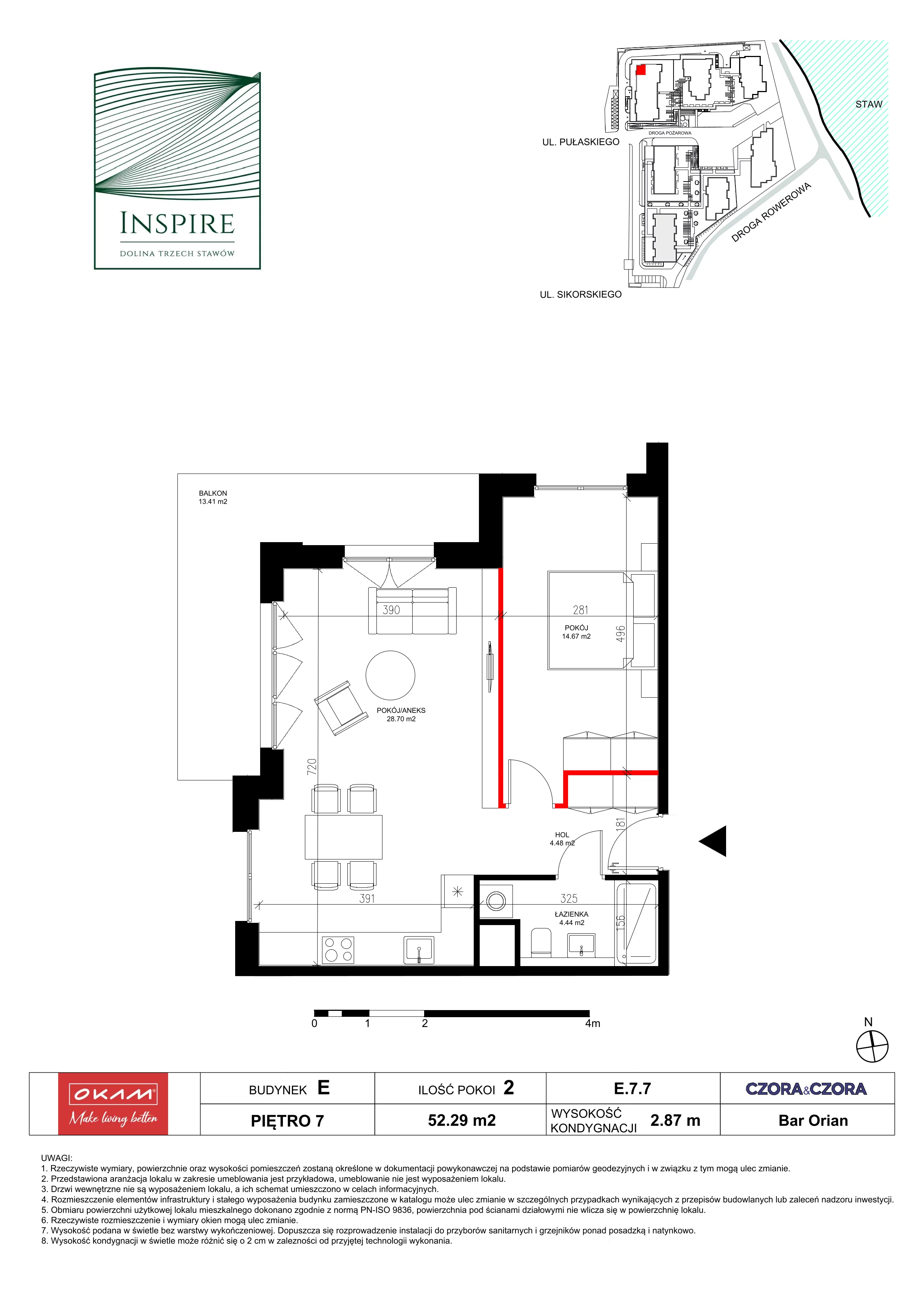 2 pokoje, mieszkanie 52,29 m², piętro 7, oferta nr E.7.7, Inspire, Katowice, Osiedle Paderewskiego-Muchowiec, Dolina Trzech Stawów, ul. gen. Sikorskiego 41