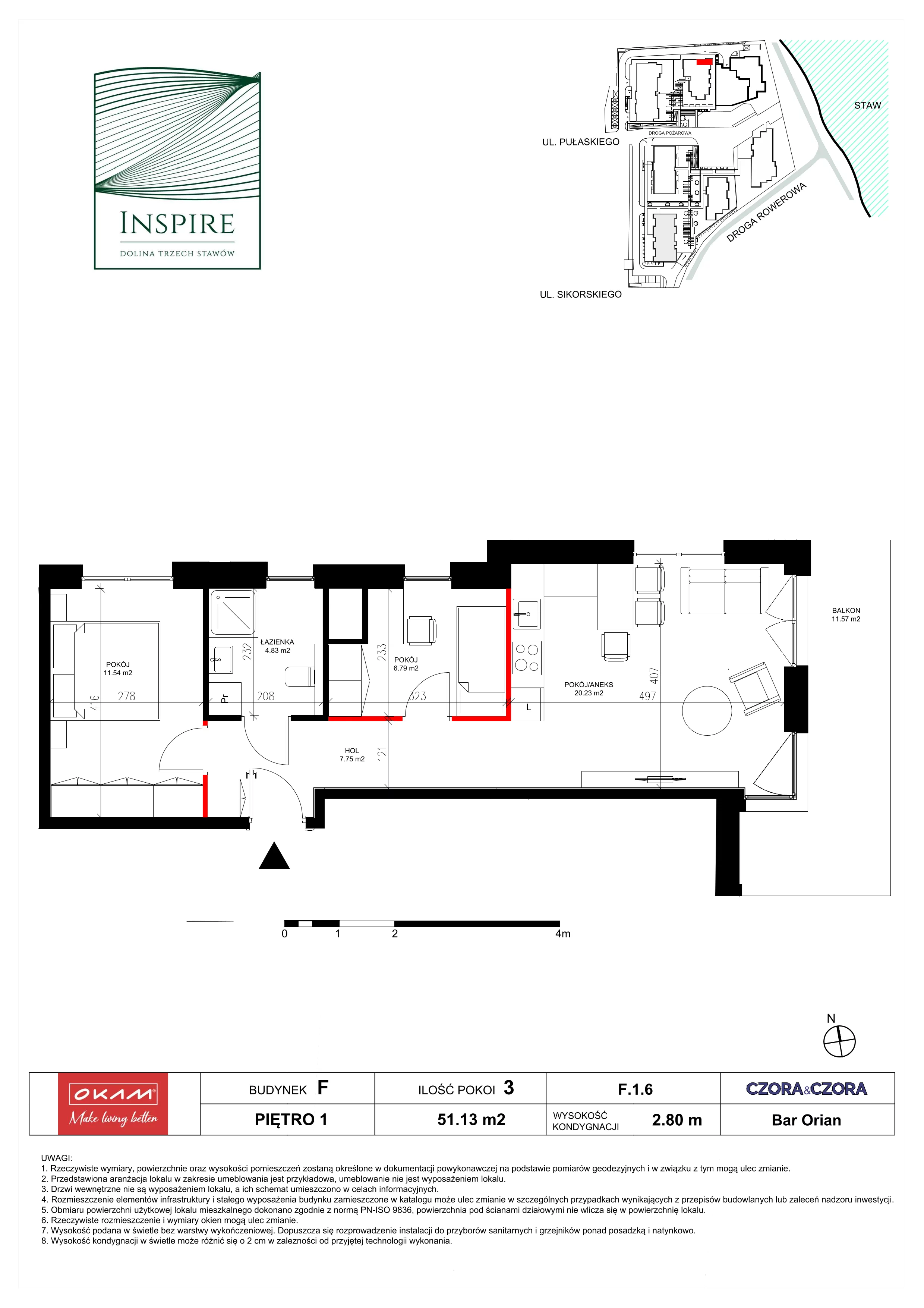 3 pokoje, apartament 51,13 m², piętro 1, oferta nr F.1.6, Inspire, Katowice, Osiedle Paderewskiego-Muchowiec, Dolina Trzech Stawów, ul. gen. Sikorskiego 41
