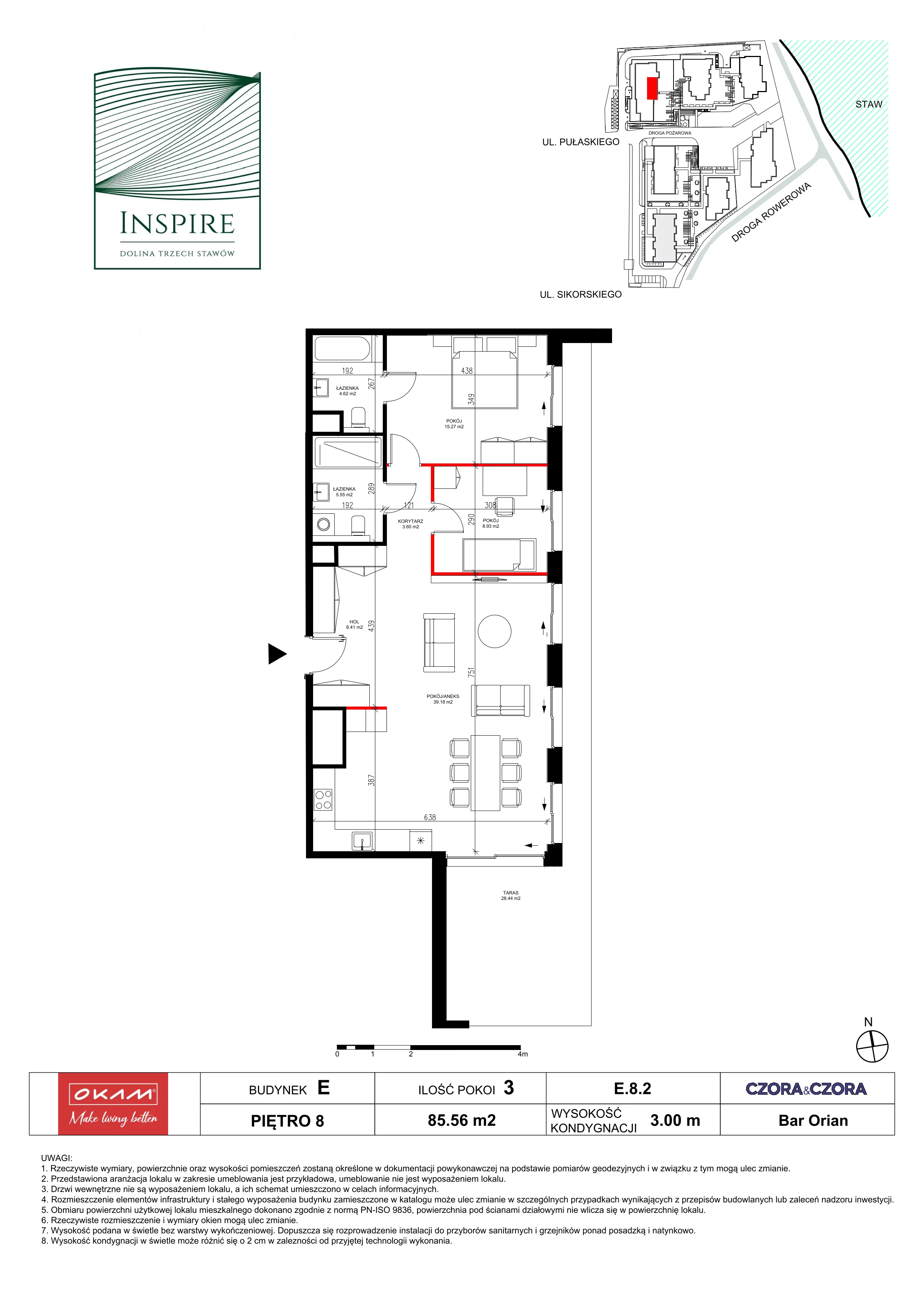 3 pokoje, mieszkanie 85,56 m², piętro 8, oferta nr E.8.2, Inspire, Katowice, Osiedle Paderewskiego-Muchowiec, Dolina Trzech Stawów, ul. gen. Sikorskiego 41