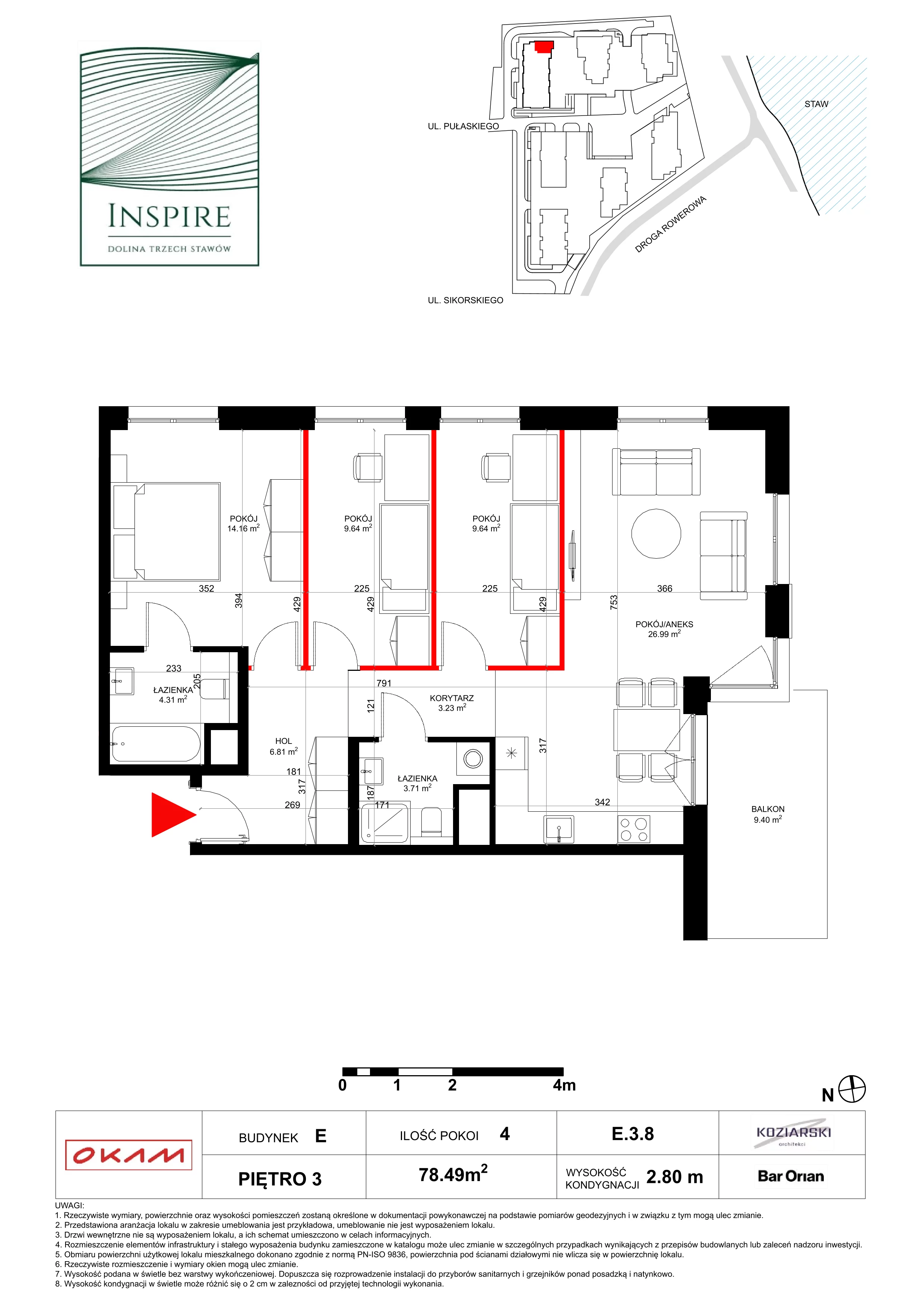 4 pokoje, apartament 78,49 m², piętro 3, oferta nr E.3.8, Inspire, Katowice, Osiedle Paderewskiego-Muchowiec, Dolina Trzech Stawów, ul. gen. Sikorskiego 41