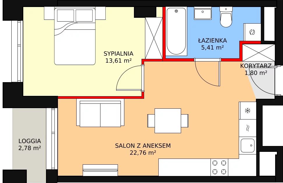 2 pokoje, mieszkanie 43,41 m², piętro 5, oferta nr AA.35, Strefa Progress, Łódź, Śródmieście, Śródmieście-Wschód, al. Kościuszki 132 / ul. Piotrkowska 217