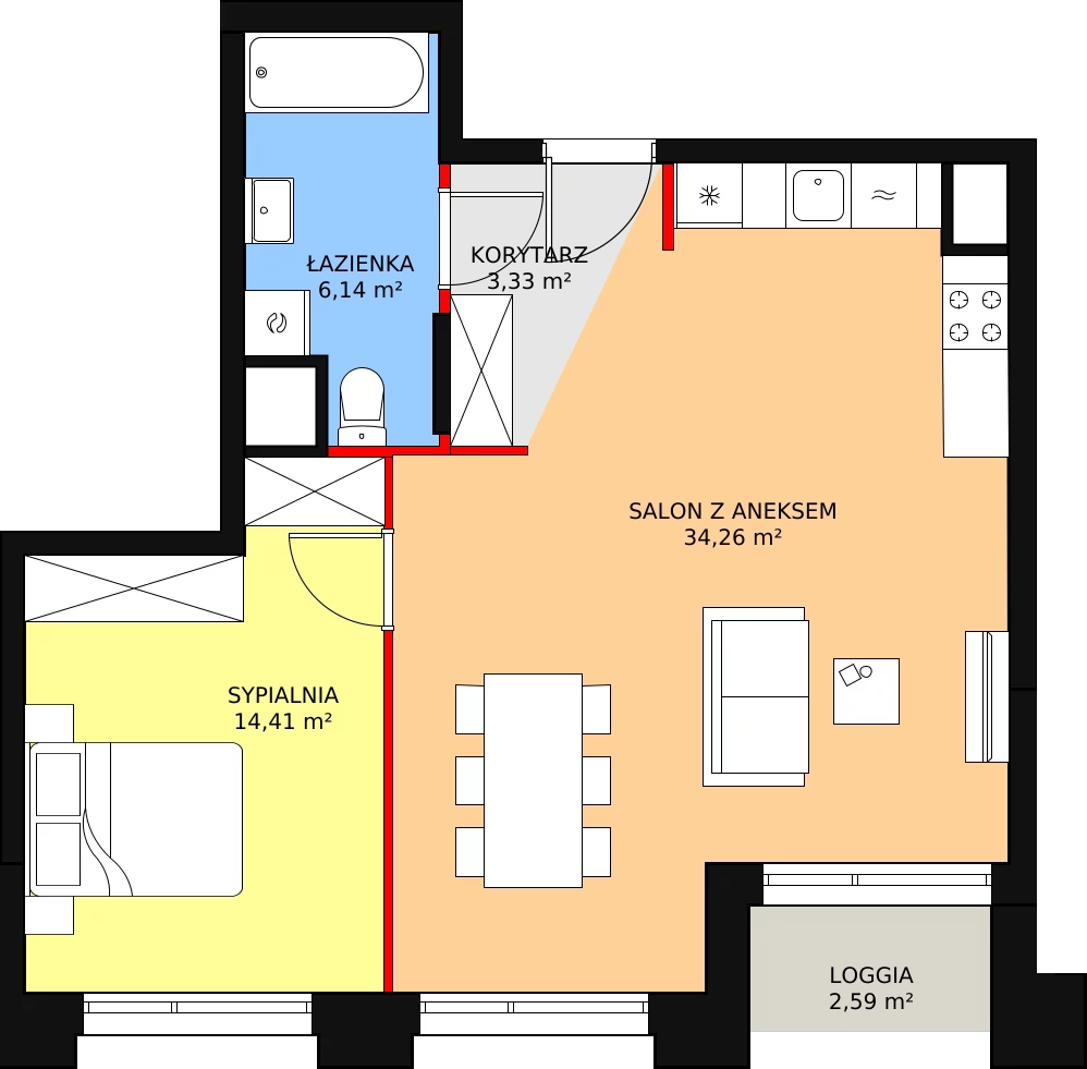 Mieszkanie 58,40 m², piętro 6, oferta nr AB.33, Strefa Progress, Łódź, Śródmieście, Śródmieście-Wschód, al. Kościuszki 132 / ul. Piotrkowska 217