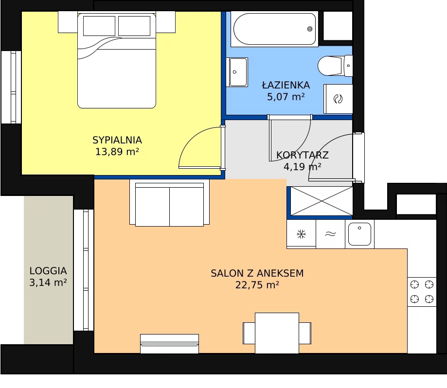 2 pokoje, apartament 46,59 m², piętro 1, oferta nr D.12, Strefa Progress, Łódź, Śródmieście, Śródmieście-Wschód, al. Kościuszki 132 / ul. Piotrkowska 217