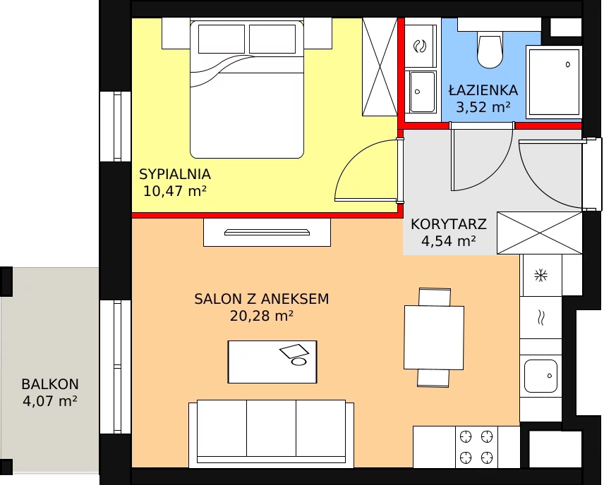 2 pokoje, mieszkanie 39,04 m², piętro 1, oferta nr B.02.04, NOW, Łódź, Widzew, Stary Widzew, ul. Dowborczyków 18