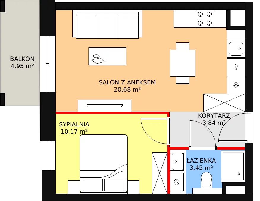 2 pokoje, mieszkanie 38,44 m², piętro 1, oferta nr C.02.01, NOW, Łódź, Widzew, Stary Widzew, ul. Dowborczyków 18