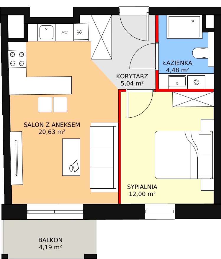 2 pokoje, mieszkanie 42,43 m², piętro 1, oferta nr C.02.02, NOW, Łódź, Widzew, Stary Widzew, ul. Dowborczyków 18