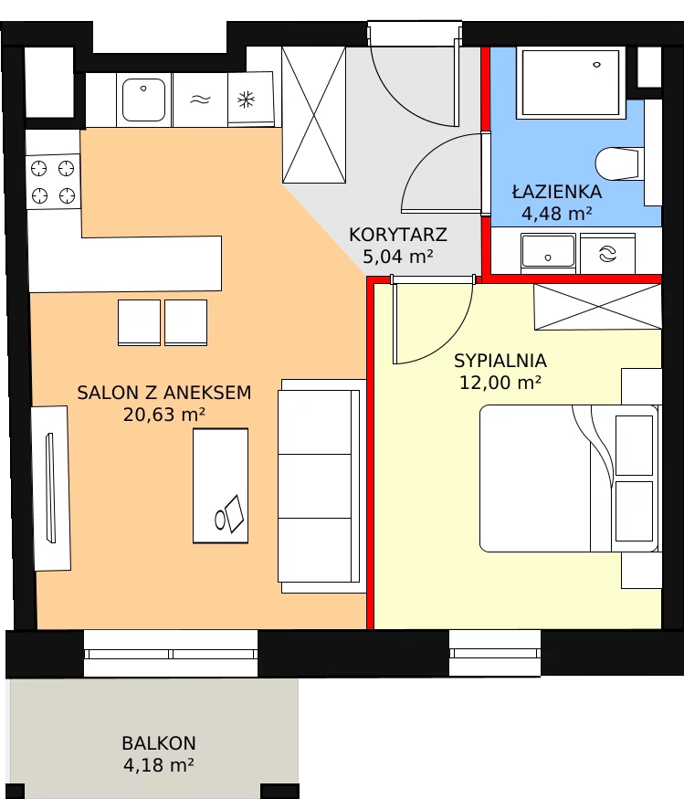 2 pokoje, mieszkanie 42,43 m², piętro 2, oferta nr C.03.02, NOW, Łódź, Widzew, Stary Widzew, ul. Dowborczyków 18