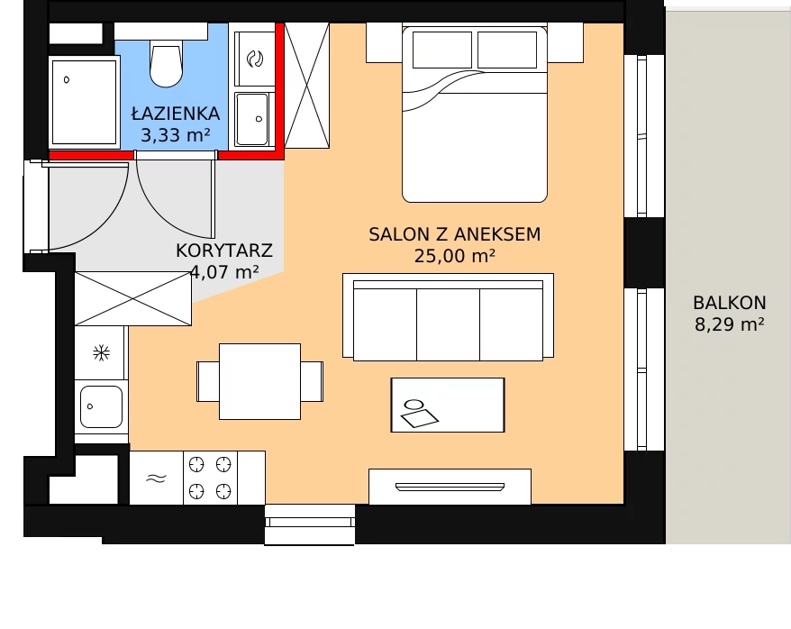 Mieszkanie 32,77 m², piętro 4, oferta nr E.05.02, NOW, Łódź, Widzew, Stary Widzew, ul. Dowborczyków 18