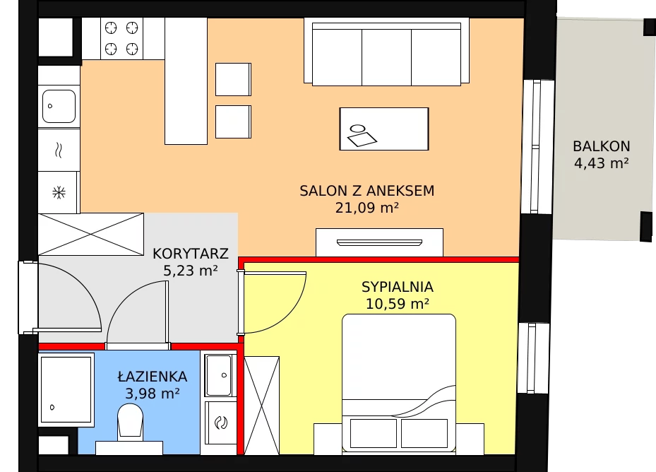 2 pokoje, mieszkanie 41,19 m², piętro 1, oferta nr F.02.04, NOW, Łódź, Widzew, Stary Widzew, ul. Dowborczyków 18