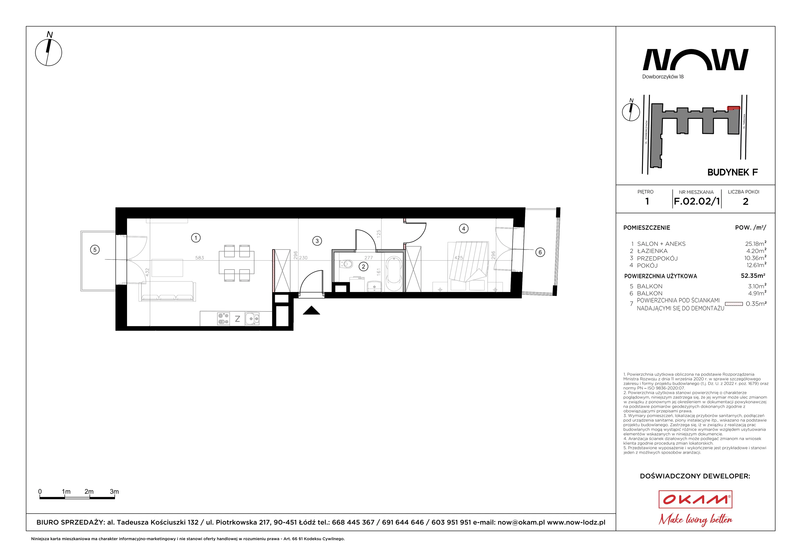 2 pokoje, apartament 52,35 m², piętro 1, oferta nr F.02.02/1, NOW, Łódź, Widzew, Stary Widzew, ul. Dowborczyków 18