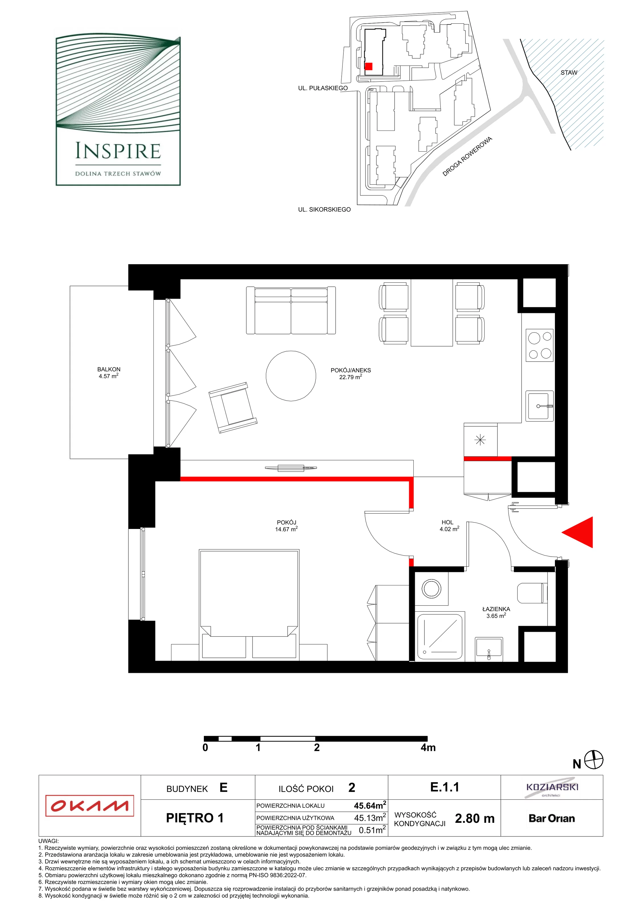 Apartament 45,12 m², piętro 1, oferta nr E.1.1, Inspire, Katowice, Osiedle Paderewskiego-Muchowiec, Dolina Trzech Stawów, ul. gen. Sikorskiego 41
