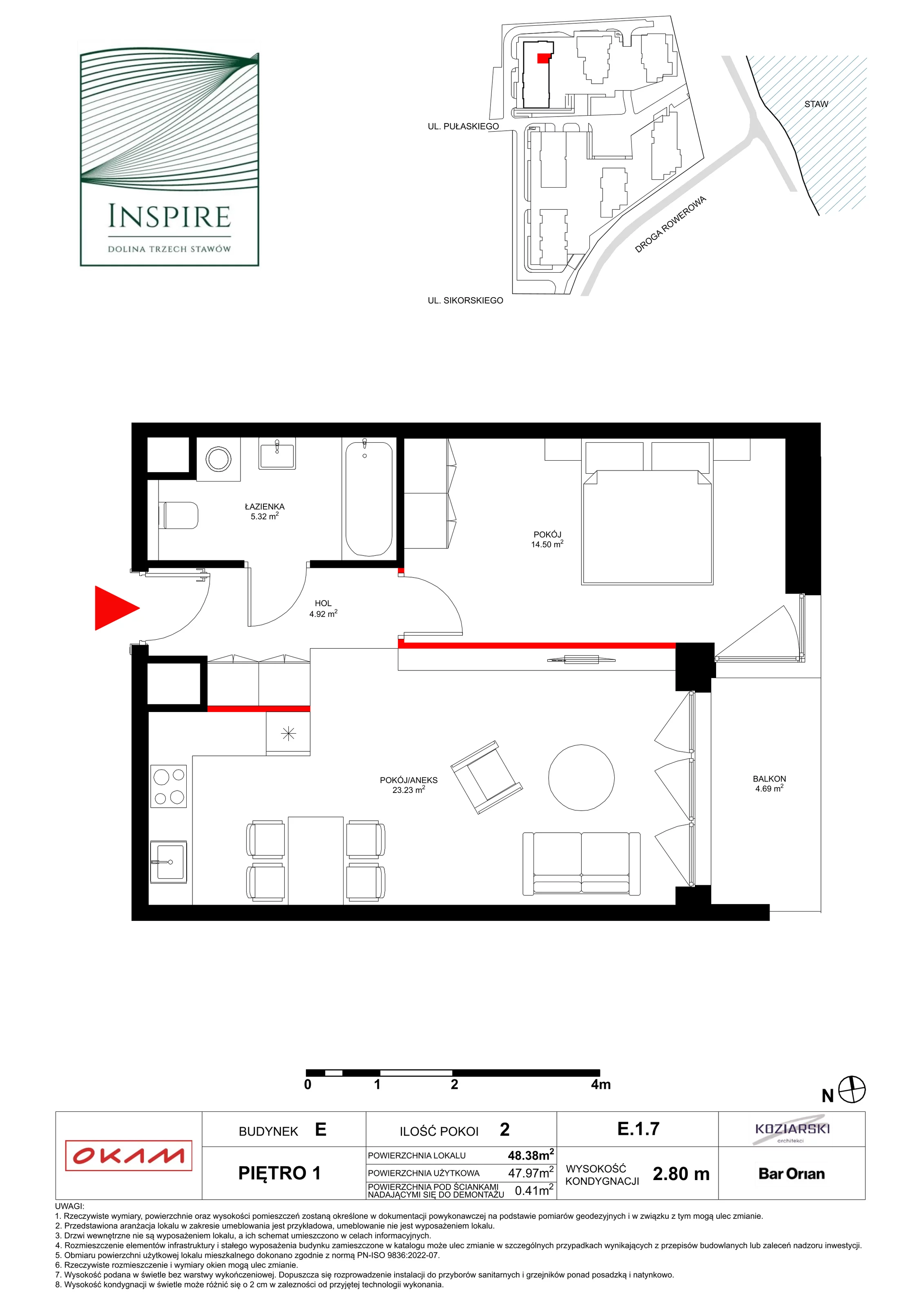 Apartament 47,94 m², piętro 1, oferta nr E.1.7, Inspire, Katowice, Osiedle Paderewskiego-Muchowiec, Dolina Trzech Stawów, ul. gen. Sikorskiego 41