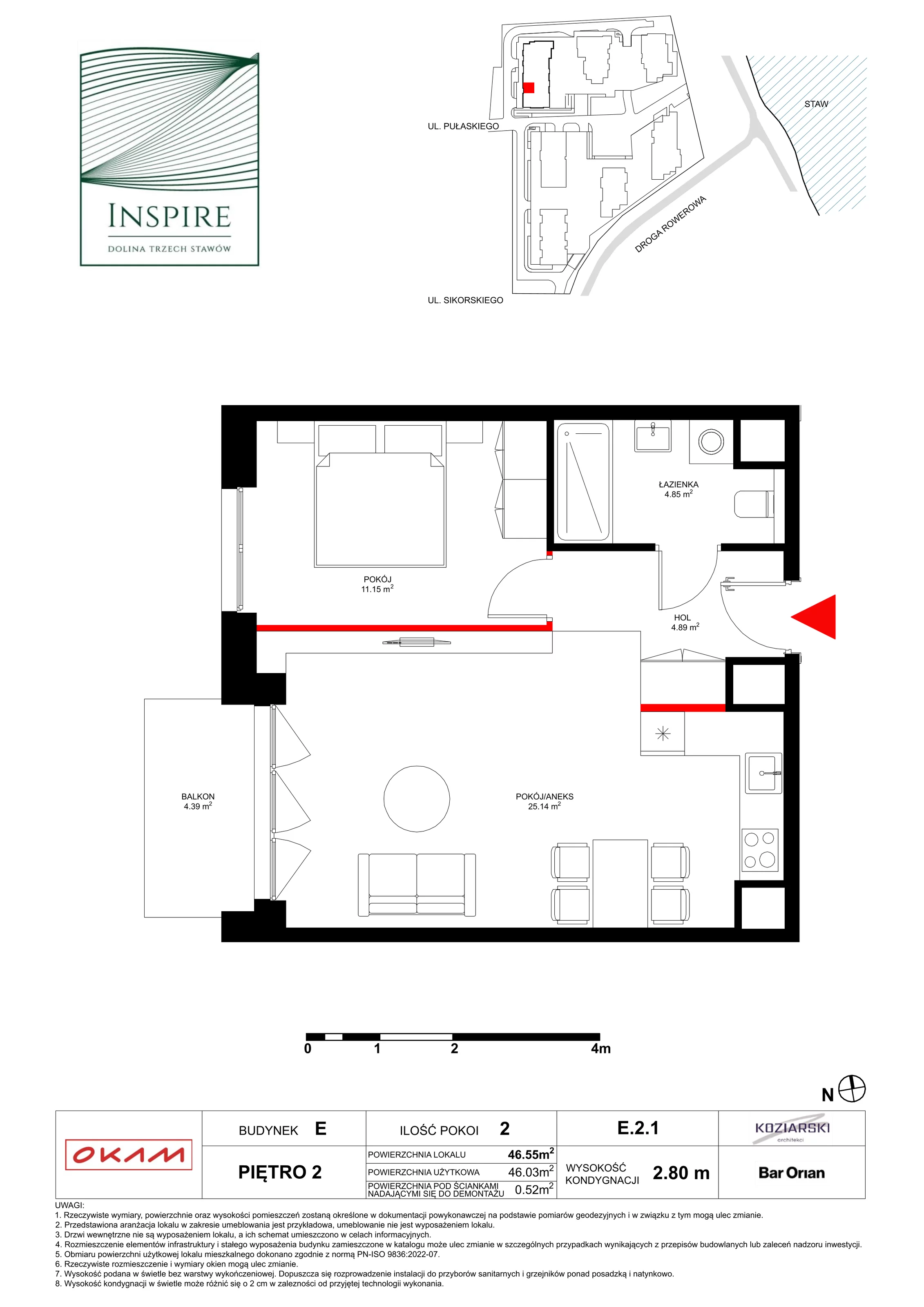 Apartament 46,03 m², piętro 2, oferta nr E.2.1, Inspire, Katowice, Osiedle Paderewskiego-Muchowiec, Dolina Trzech Stawów, ul. gen. Sikorskiego 41