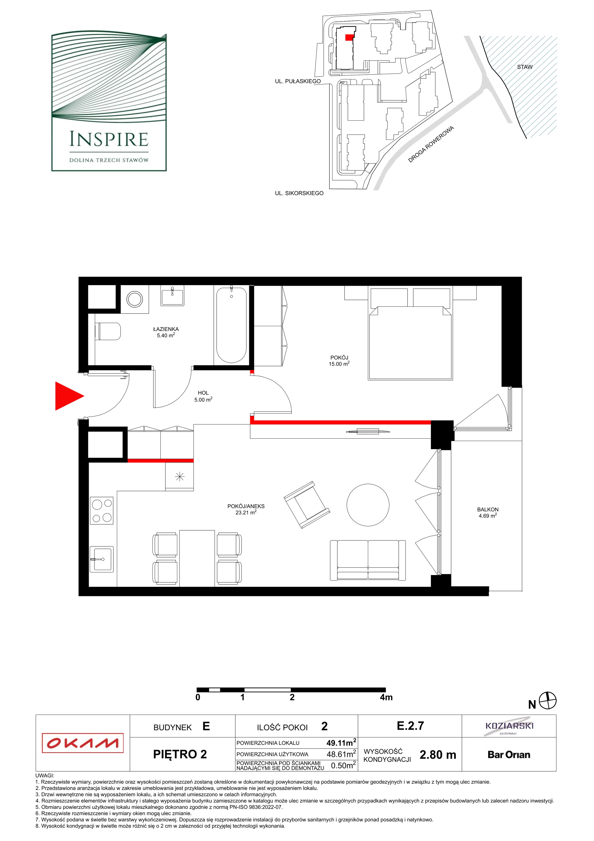 Apartament 48,61 m², piętro 2, oferta nr E.2.7, Inspire, Katowice, Osiedle Paderewskiego-Muchowiec, Dolina Trzech Stawów, ul. gen. Sikorskiego 41
