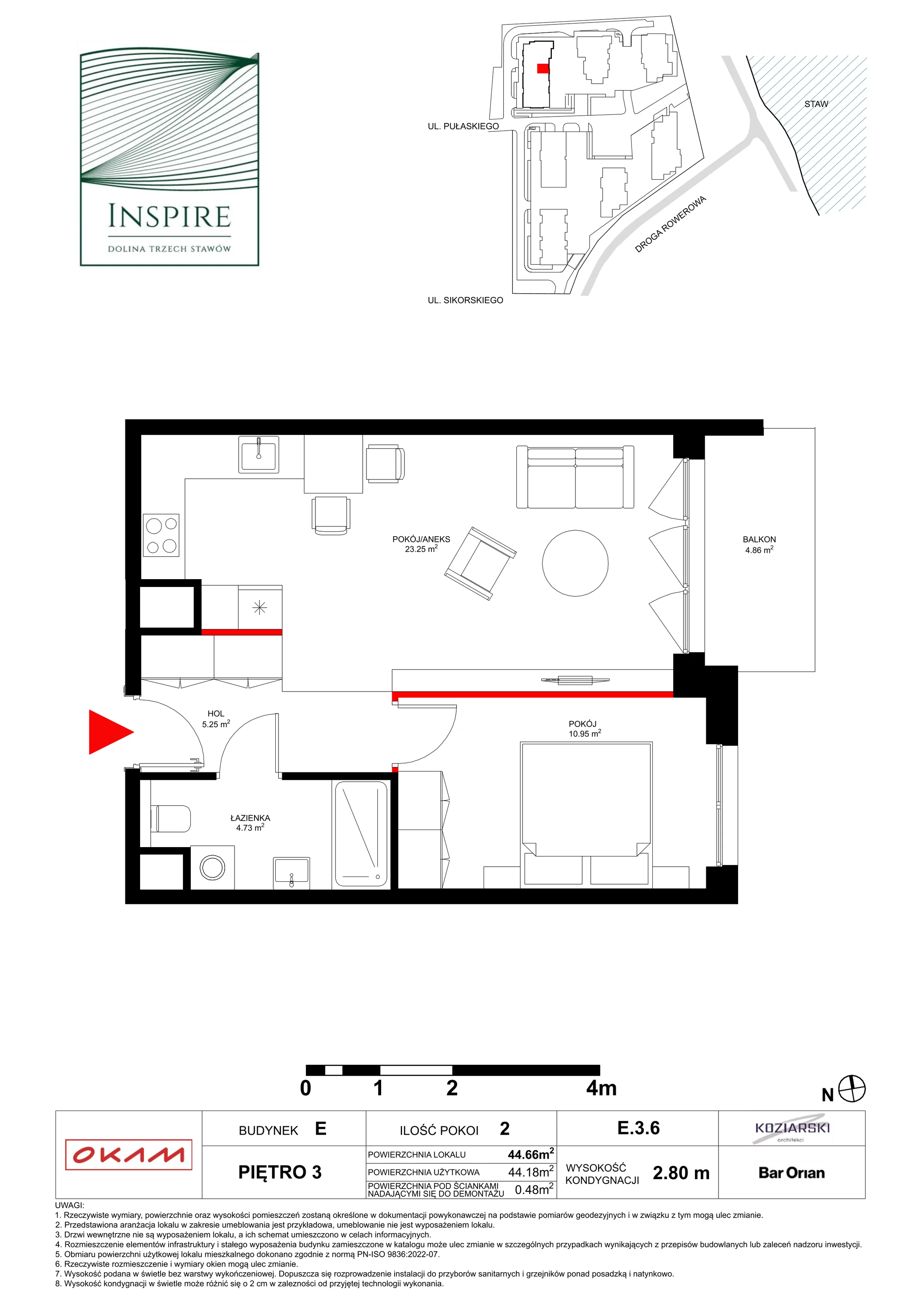 Mieszkanie 44,18 m², piętro 3, oferta nr E.3.6, Inspire, Katowice, Osiedle Paderewskiego-Muchowiec, Dolina Trzech Stawów, ul. gen. Sikorskiego 41