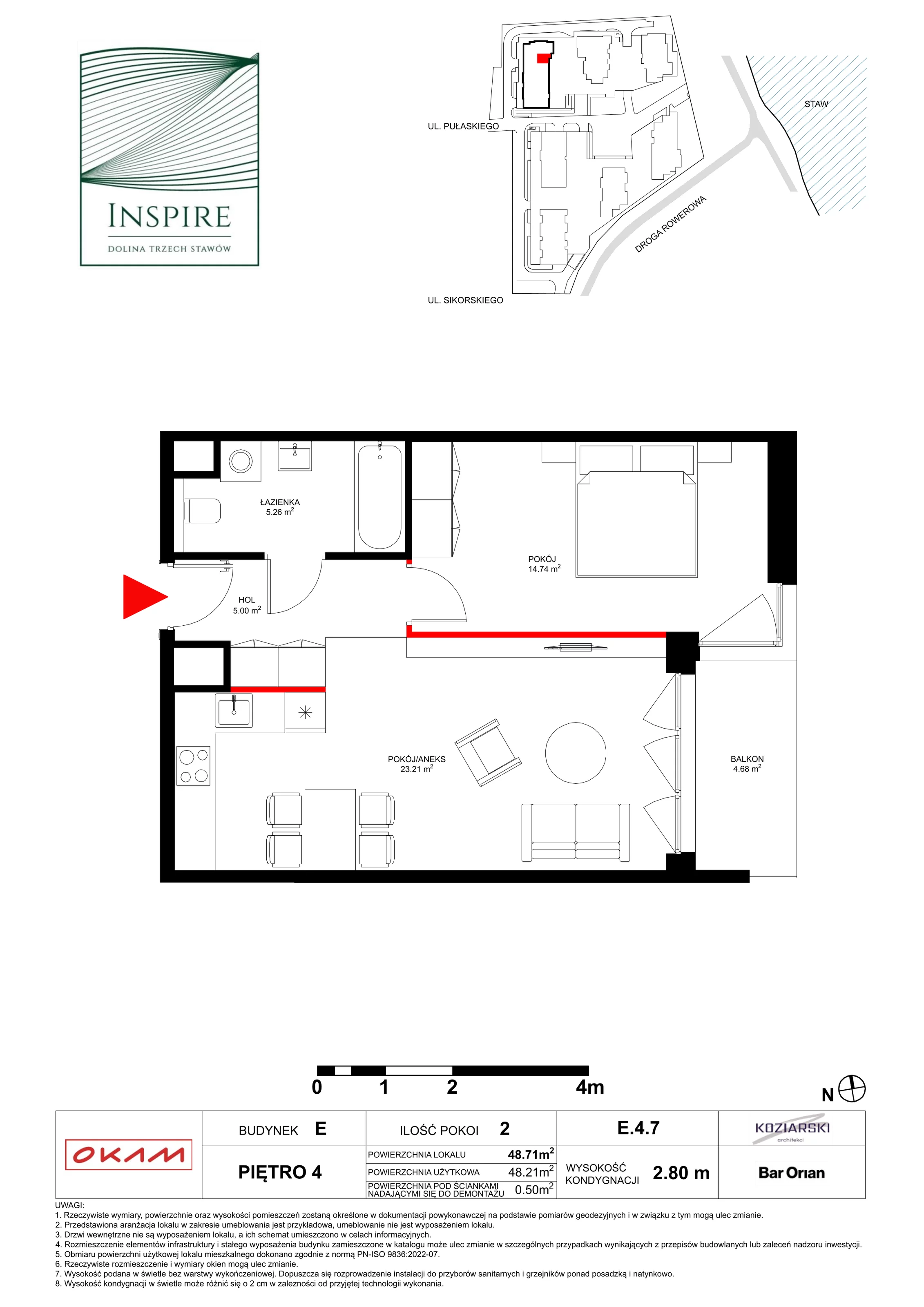 Apartament 48,21 m², piętro 4, oferta nr E.4.7, Inspire, Katowice, Osiedle Paderewskiego-Muchowiec, Dolina Trzech Stawów, ul. gen. Sikorskiego 41