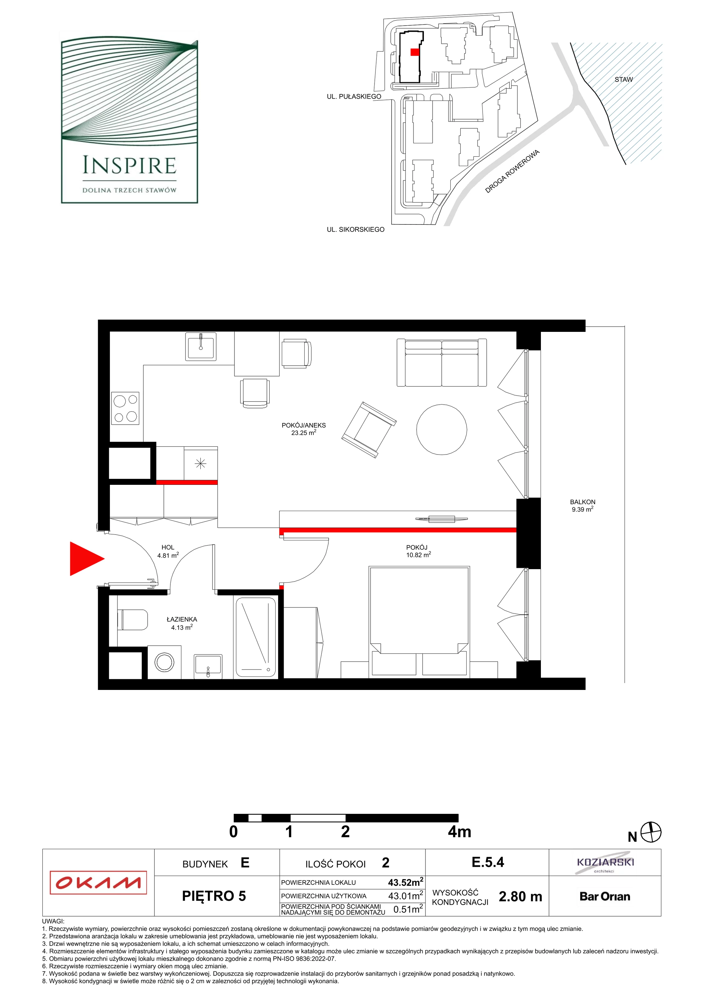 Mieszkanie 43,01 m², piętro 5, oferta nr E.5.4, Inspire, Katowice, Osiedle Paderewskiego-Muchowiec, Dolina Trzech Stawów, ul. gen. Sikorskiego 41