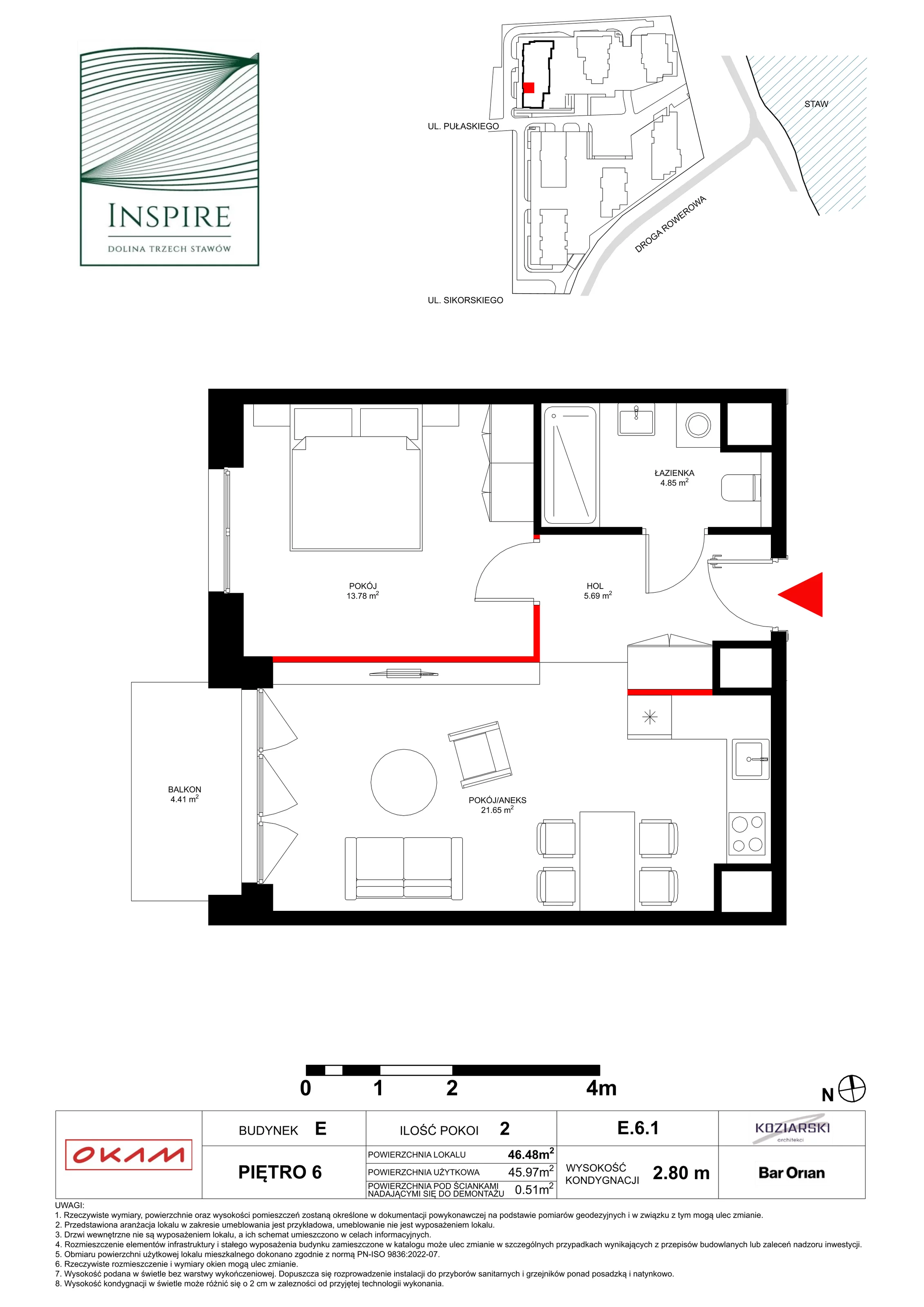 Apartament 45,97 m², piętro 6, oferta nr E.6.1, Inspire, Katowice, Osiedle Paderewskiego-Muchowiec, Dolina Trzech Stawów, ul. gen. Sikorskiego 41