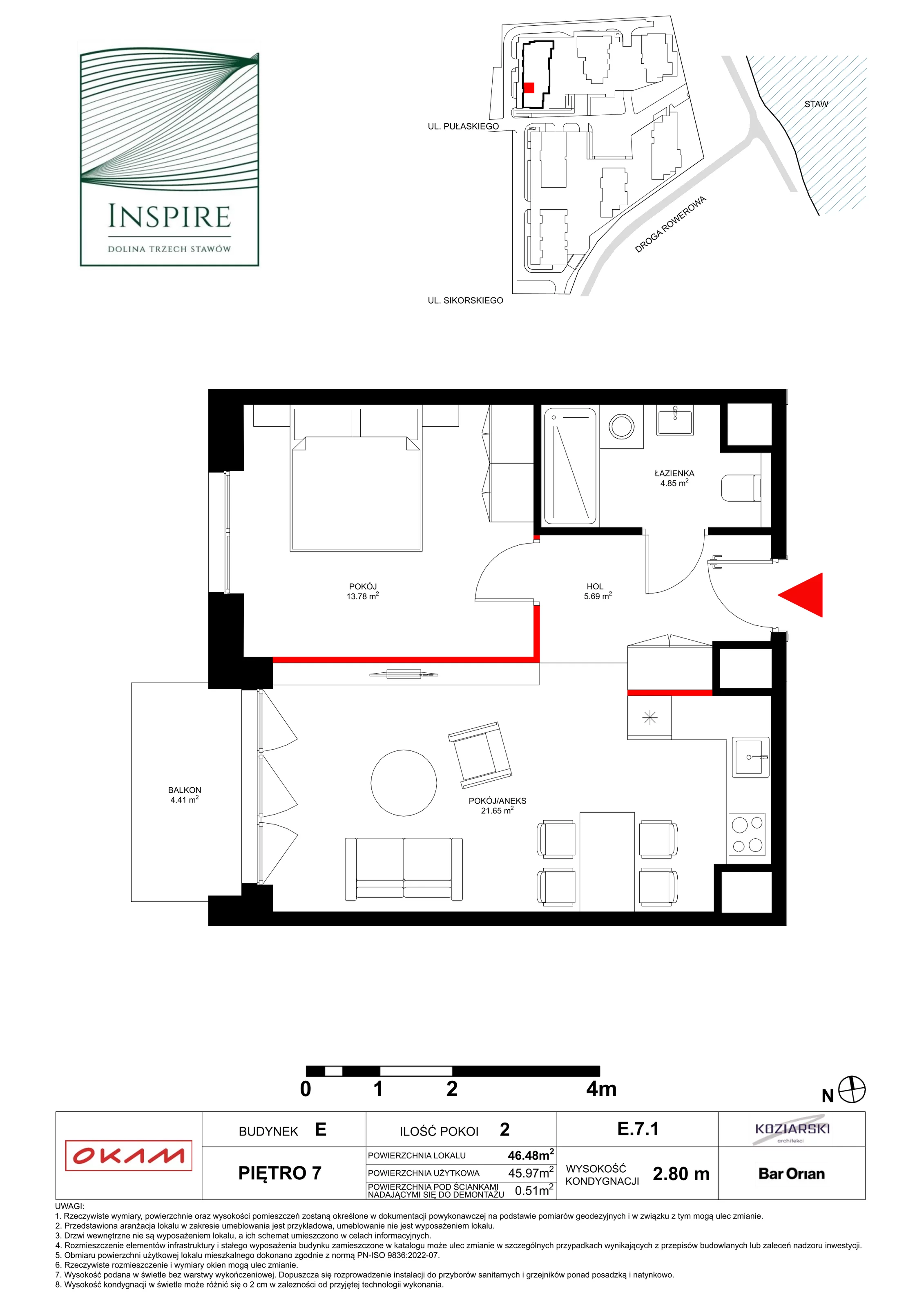Apartament 45,97 m², piętro 7, oferta nr E.7.1, Inspire, Katowice, Osiedle Paderewskiego-Muchowiec, Dolina Trzech Stawów, ul. gen. Sikorskiego 41