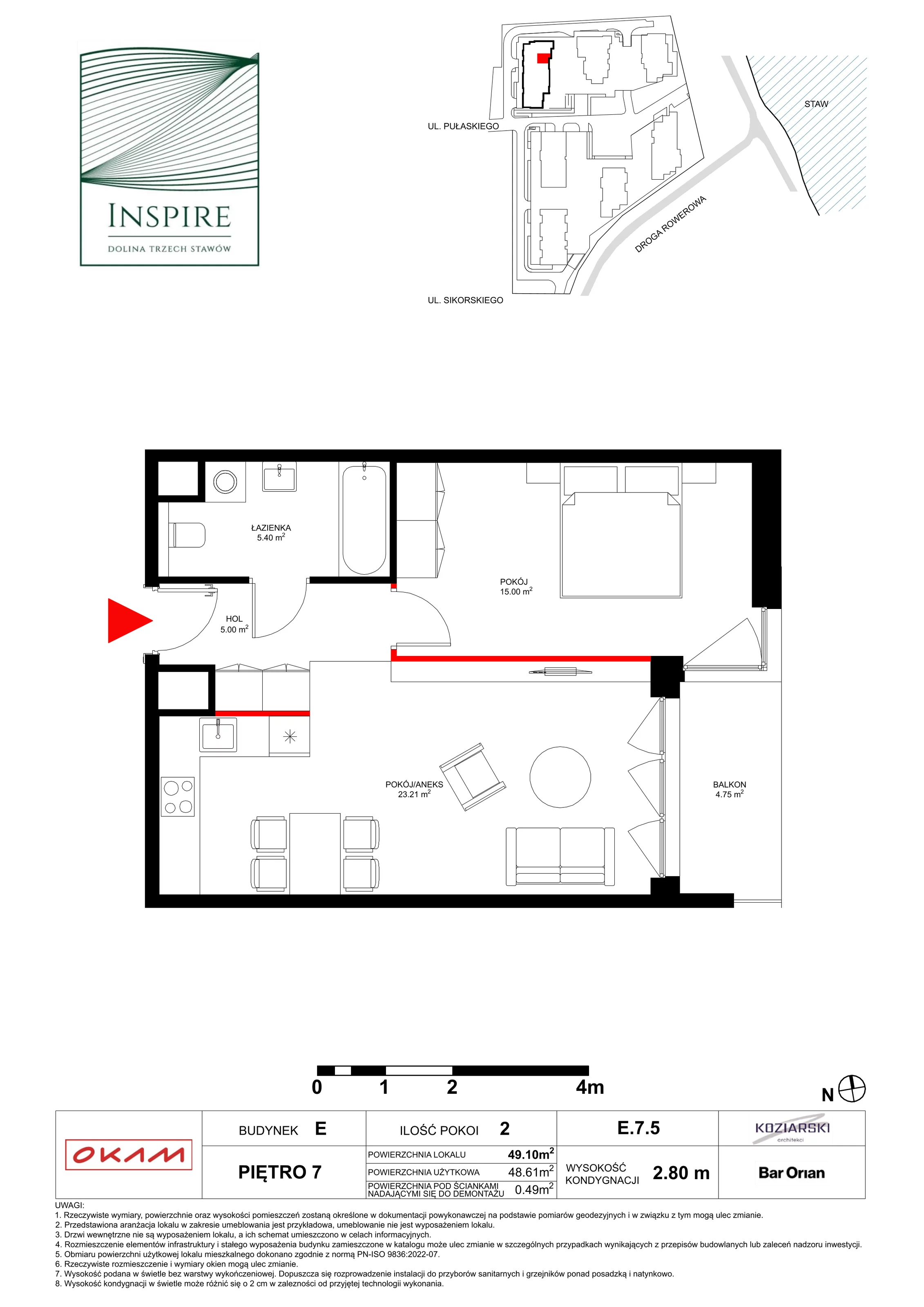 Apartament 48,61 m², piętro 7, oferta nr E.7.5, Inspire, Katowice, Osiedle Paderewskiego-Muchowiec, Dolina Trzech Stawów, ul. gen. Sikorskiego 41