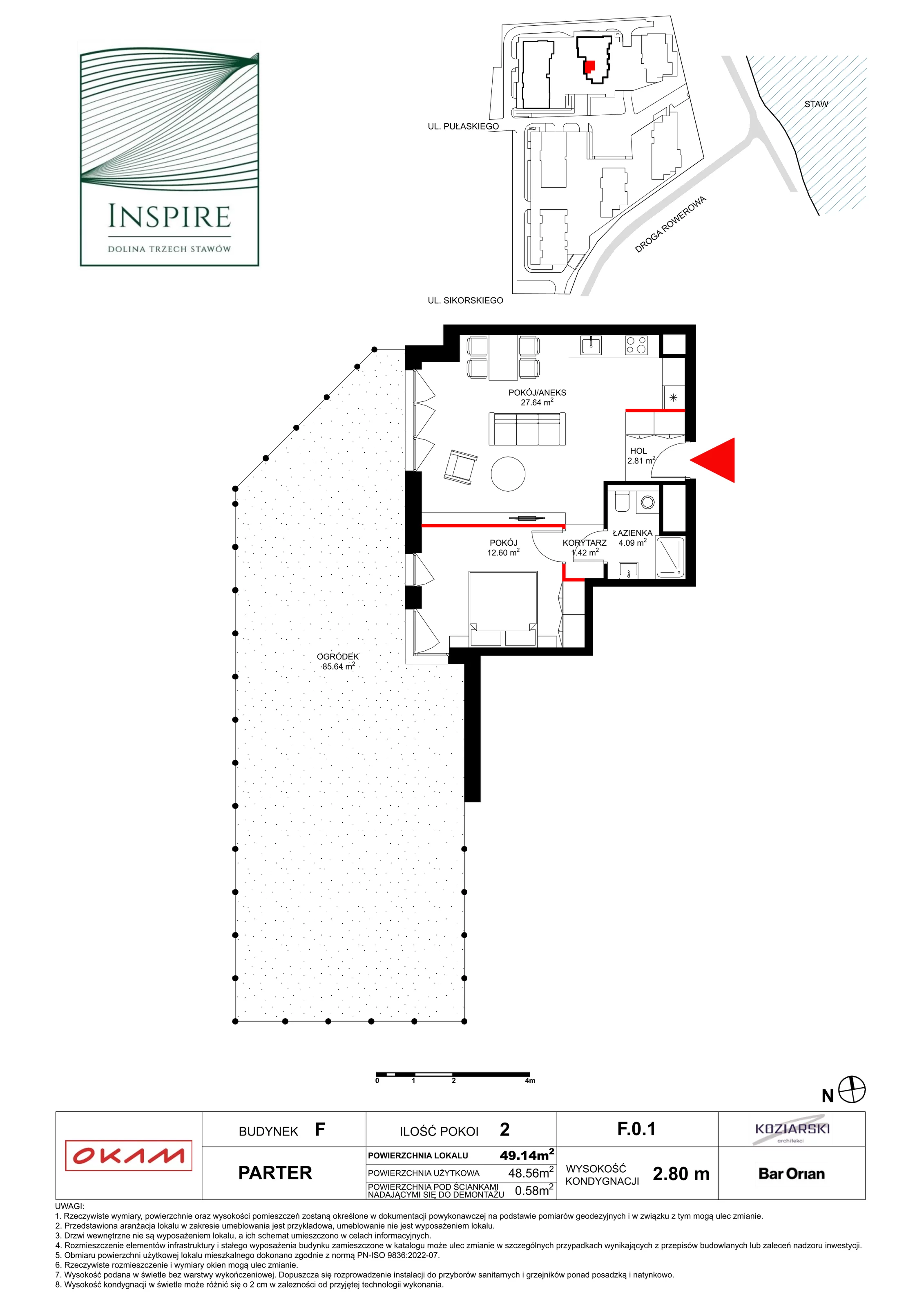 Apartament 48,56 m², parter, oferta nr F.0.1, Inspire, Katowice, Osiedle Paderewskiego-Muchowiec, Dolina Trzech Stawów, ul. gen. Sikorskiego 41