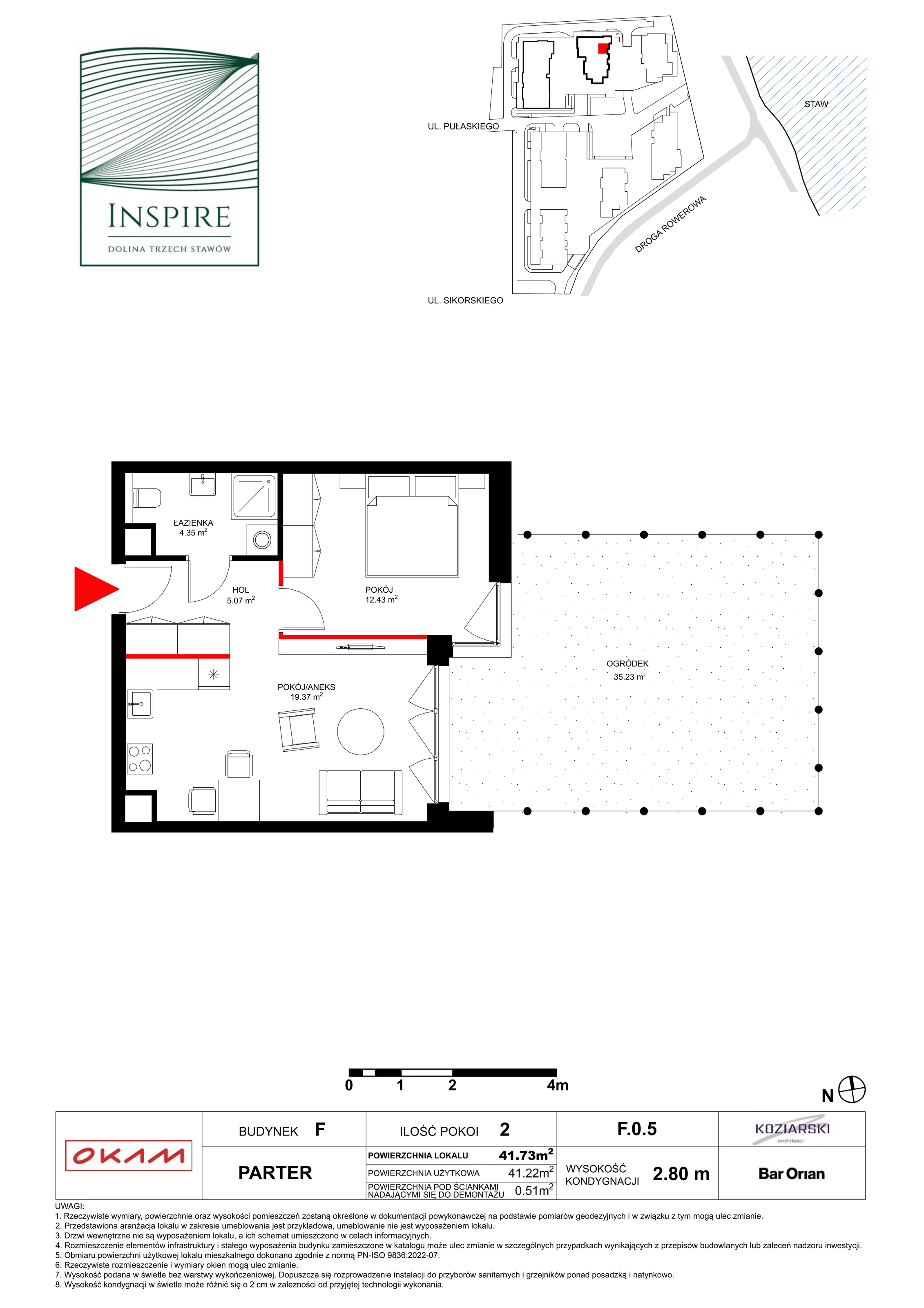 Mieszkanie 41,23 m², parter, oferta nr F.0.5, Inspire, Katowice, Osiedle Paderewskiego-Muchowiec, Dolina Trzech Stawów, ul. gen. Sikorskiego 41