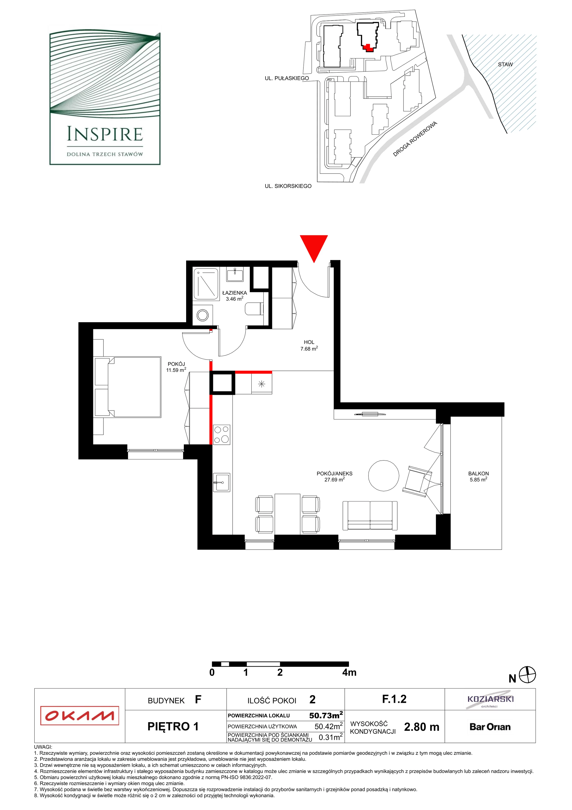 Apartament 50,25 m², piętro 1, oferta nr F.1.2, Inspire, Katowice, Osiedle Paderewskiego-Muchowiec, Dolina Trzech Stawów, ul. gen. Sikorskiego 41