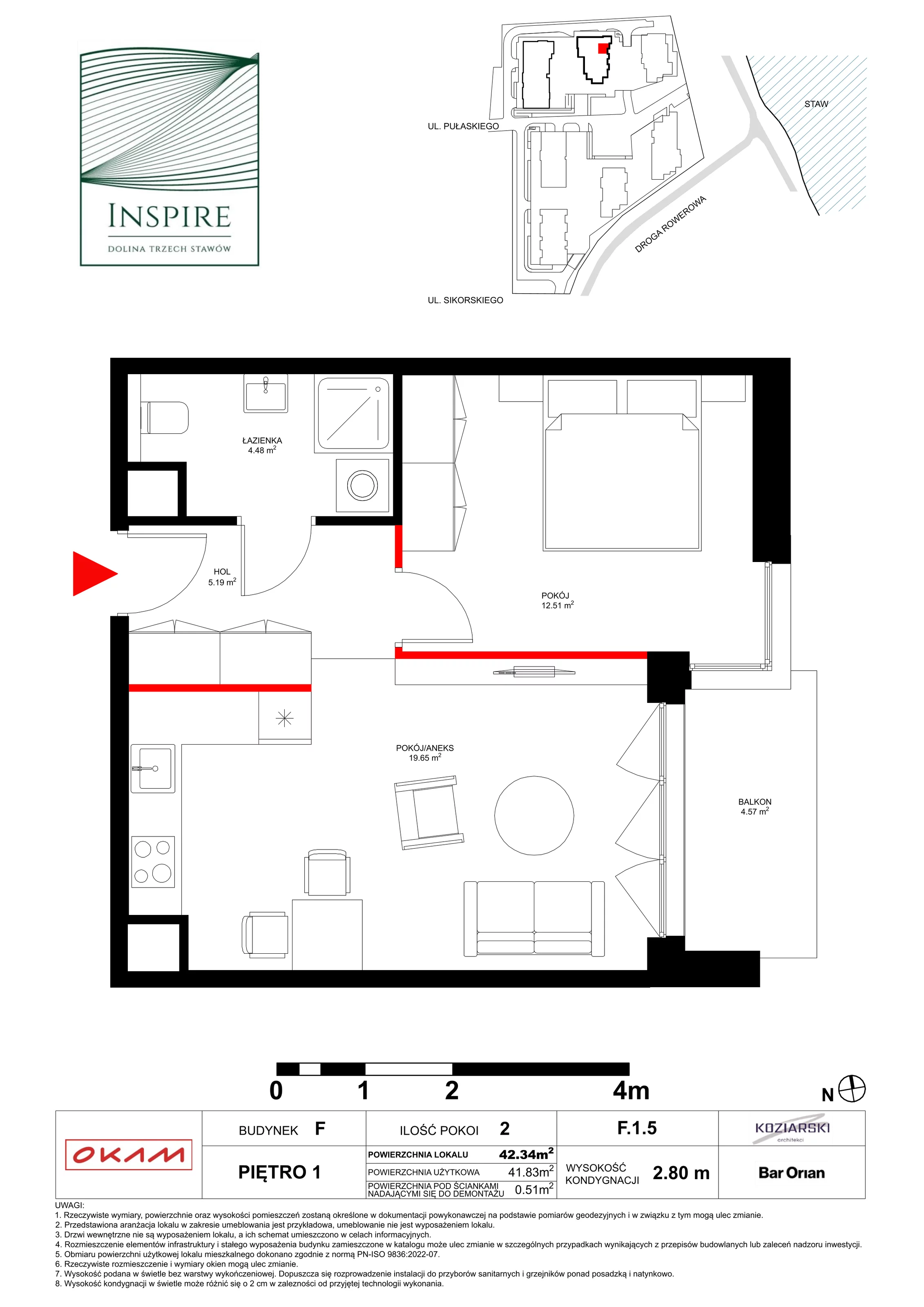 Apartament 41,85 m², piętro 1, oferta nr F.1.5, Inspire, Katowice, Osiedle Paderewskiego-Muchowiec, Dolina Trzech Stawów, ul. gen. Sikorskiego 41