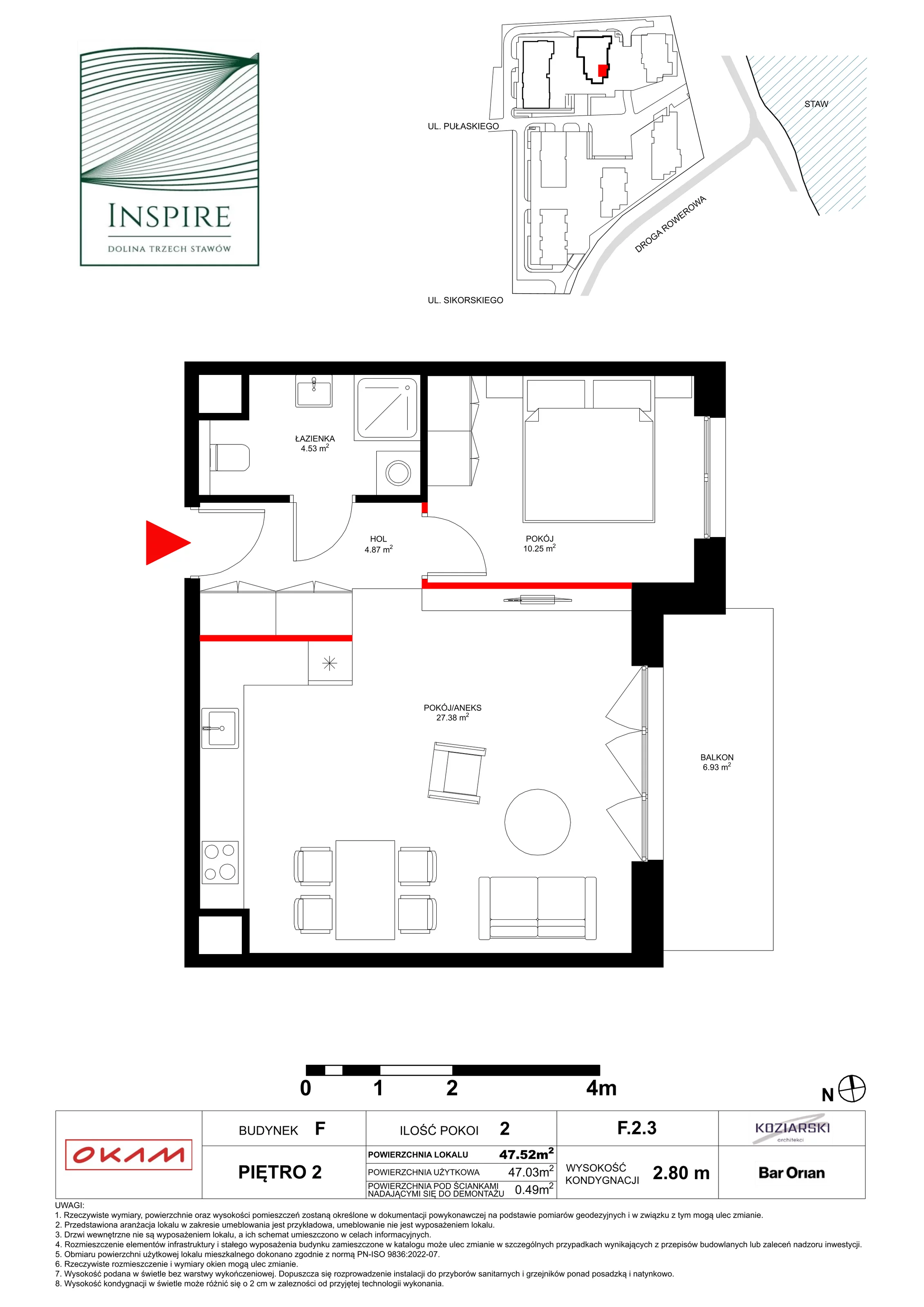 Apartament 46,99 m², piętro 2, oferta nr F.2.3, Inspire, Katowice, Osiedle Paderewskiego-Muchowiec, Dolina Trzech Stawów, ul. gen. Sikorskiego 41