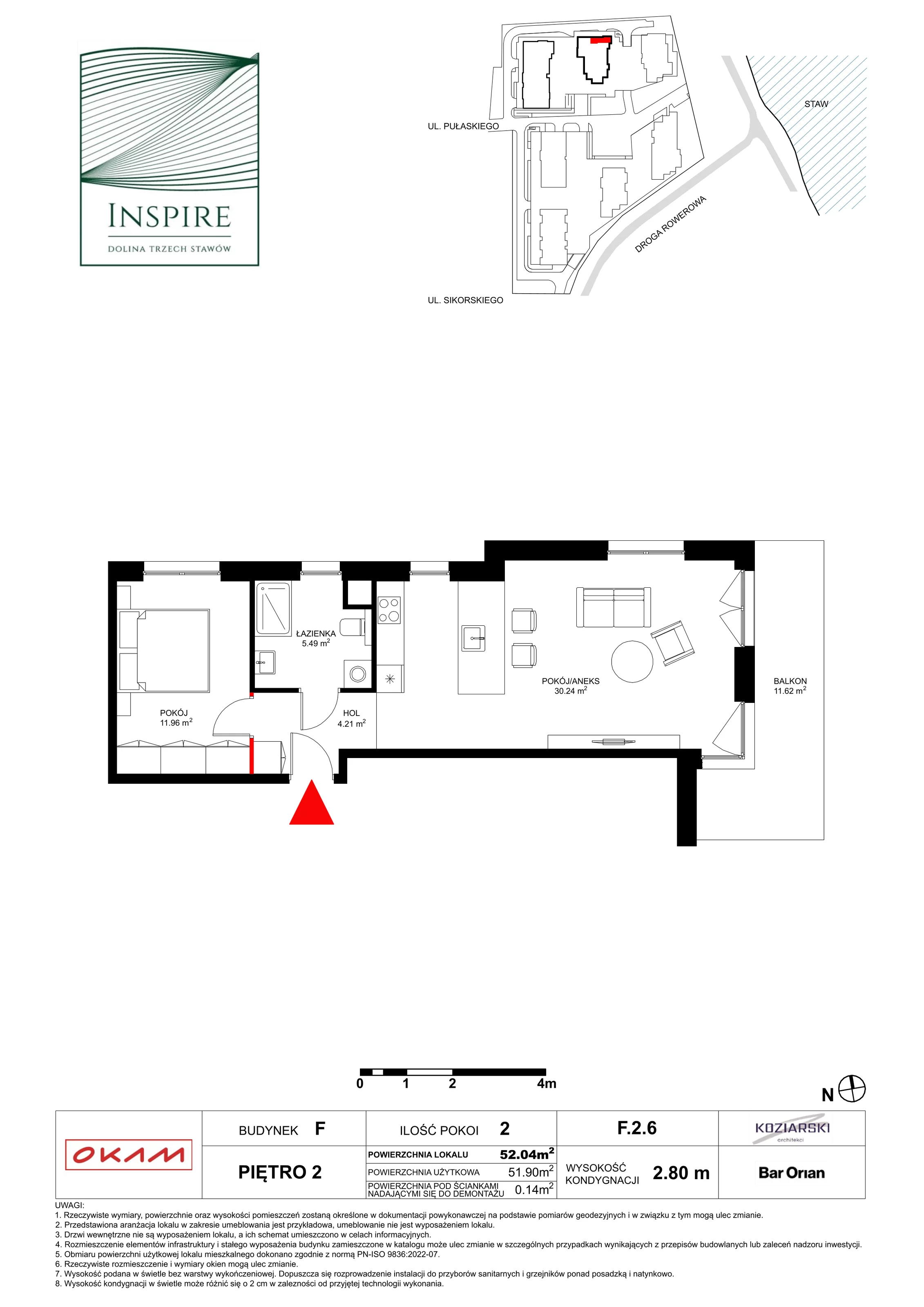 Apartament 51,40 m², piętro 2, oferta nr F.2.6, Inspire, Katowice, Osiedle Paderewskiego-Muchowiec, Dolina Trzech Stawów, ul. gen. Sikorskiego 41