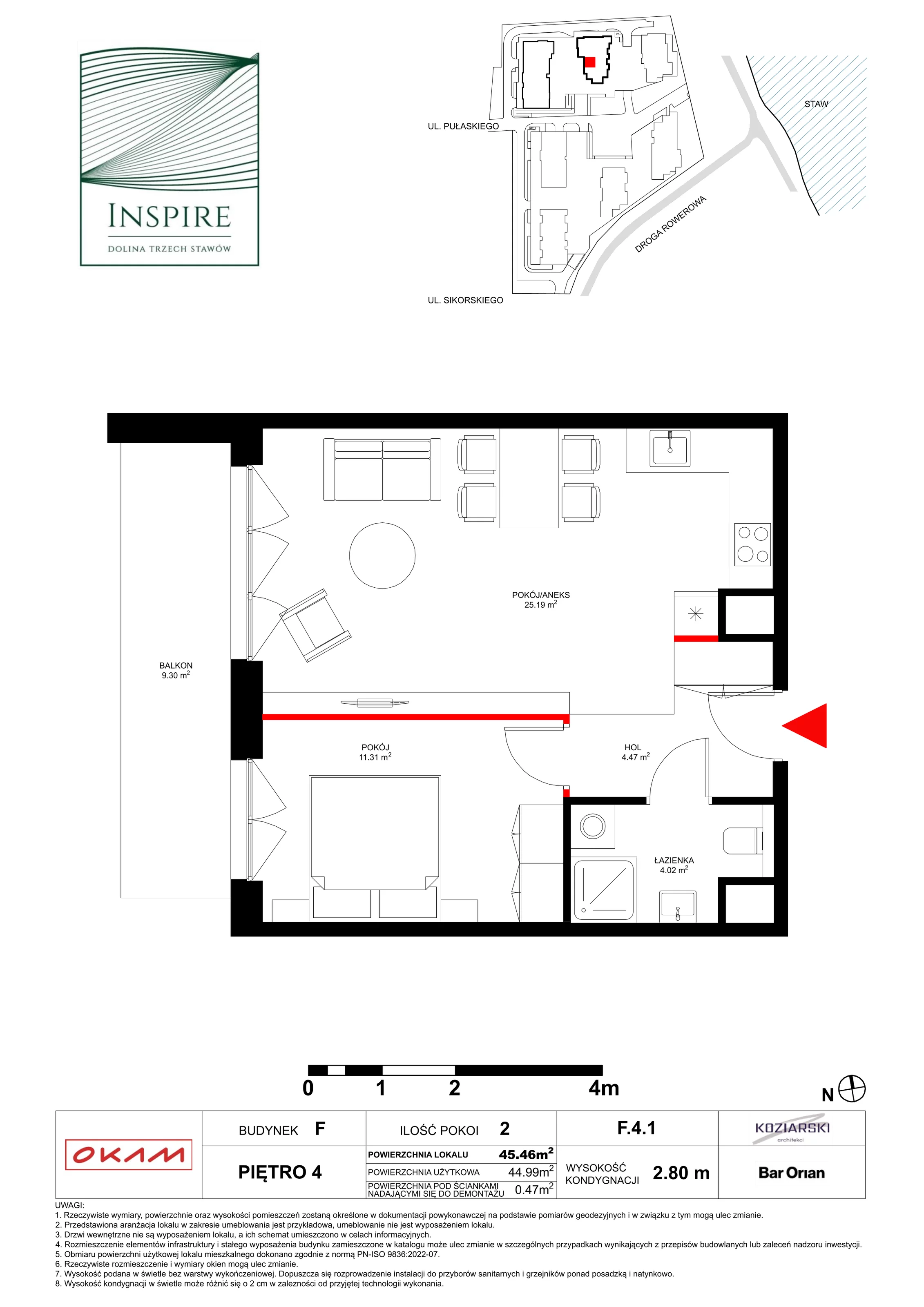 Apartament 45,02 m², piętro 4, oferta nr F.4.1, Inspire, Katowice, Osiedle Paderewskiego-Muchowiec, Dolina Trzech Stawów, ul. gen. Sikorskiego 41