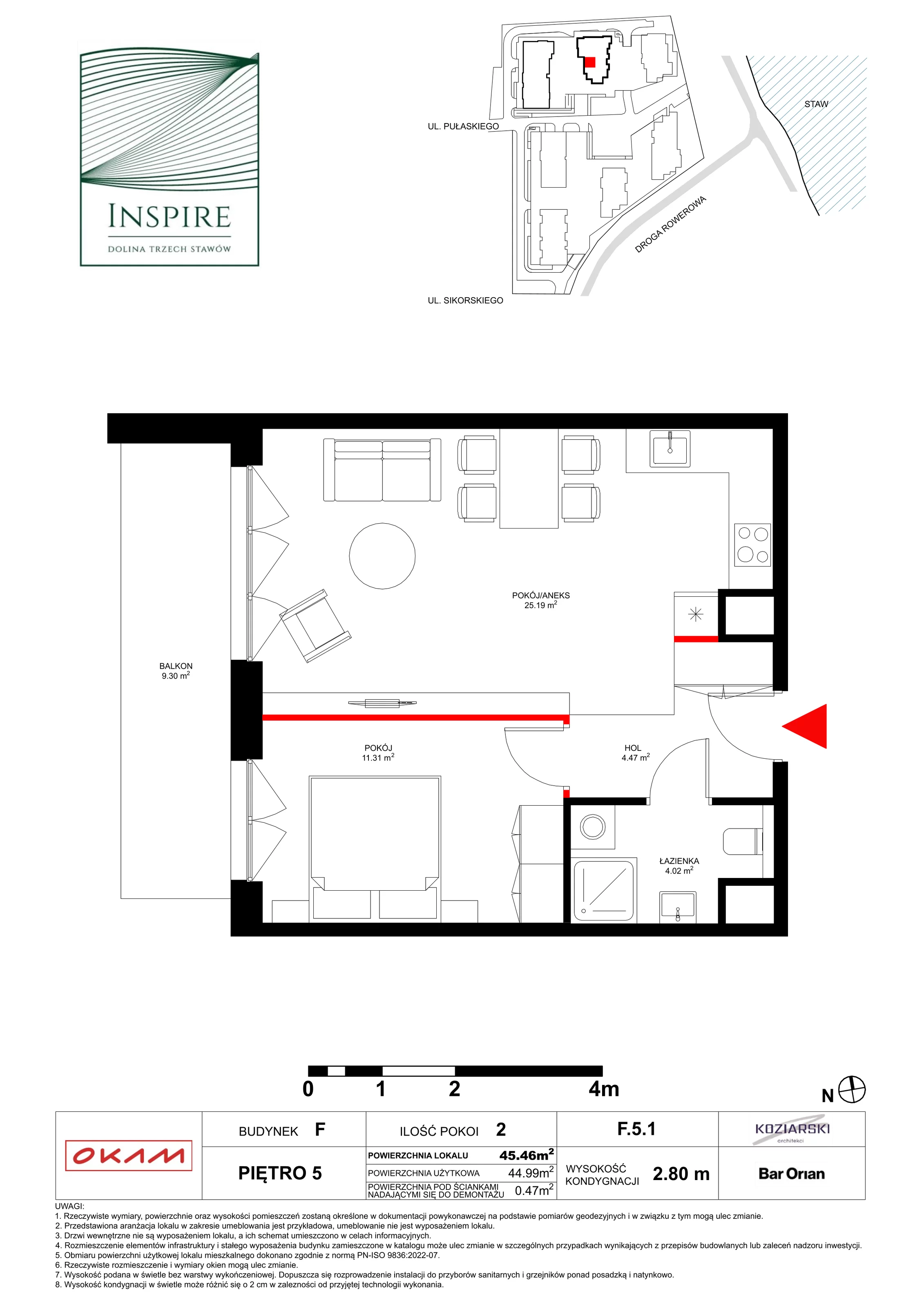 Apartament 44,99 m², piętro 5, oferta nr F.5.1, Inspire, Katowice, Osiedle Paderewskiego-Muchowiec, Dolina Trzech Stawów, ul. gen. Sikorskiego 41