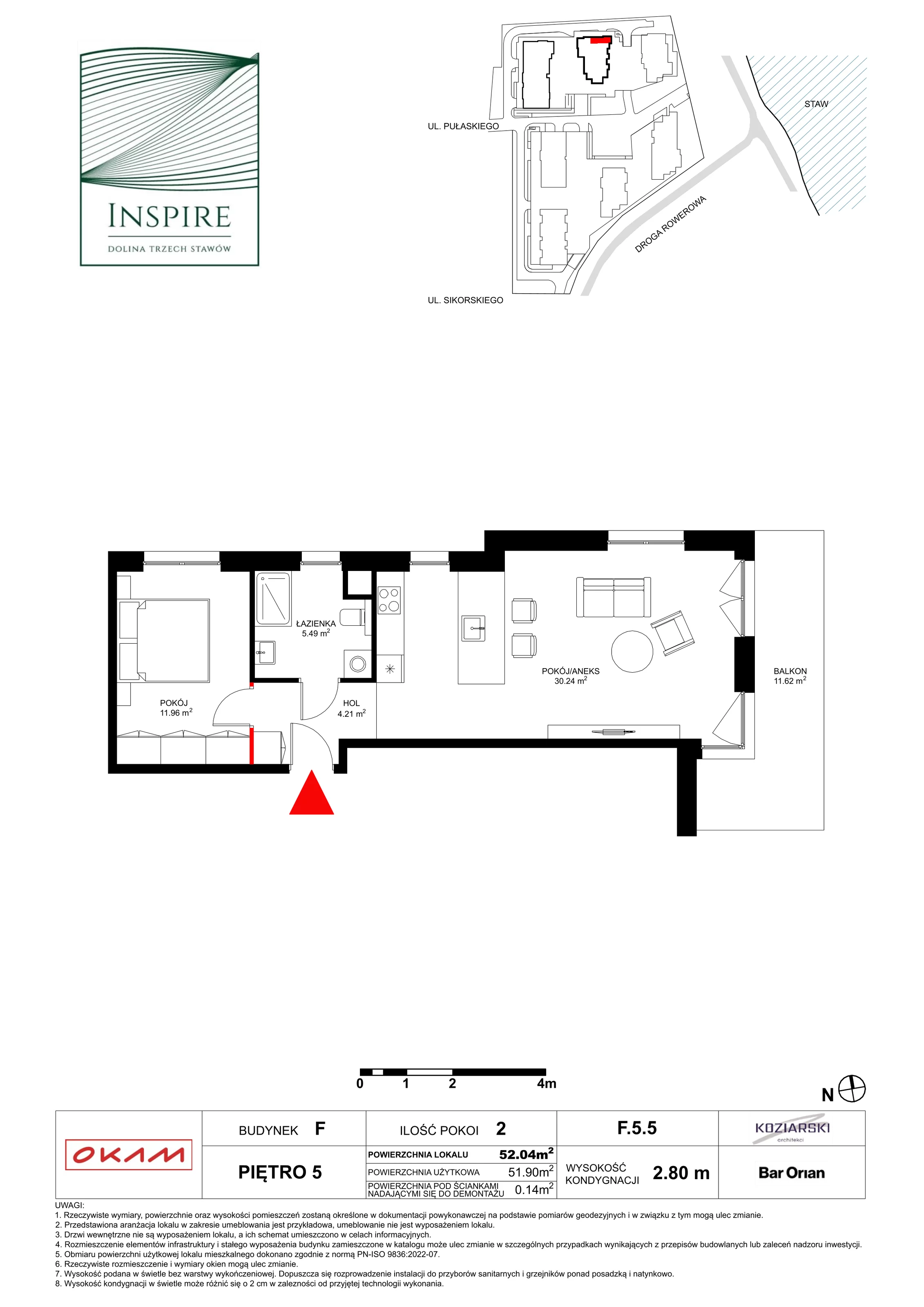 Apartament 51,40 m², piętro 5, oferta nr F.5.5, Inspire, Katowice, Osiedle Paderewskiego-Muchowiec, Dolina Trzech Stawów, ul. gen. Sikorskiego 41