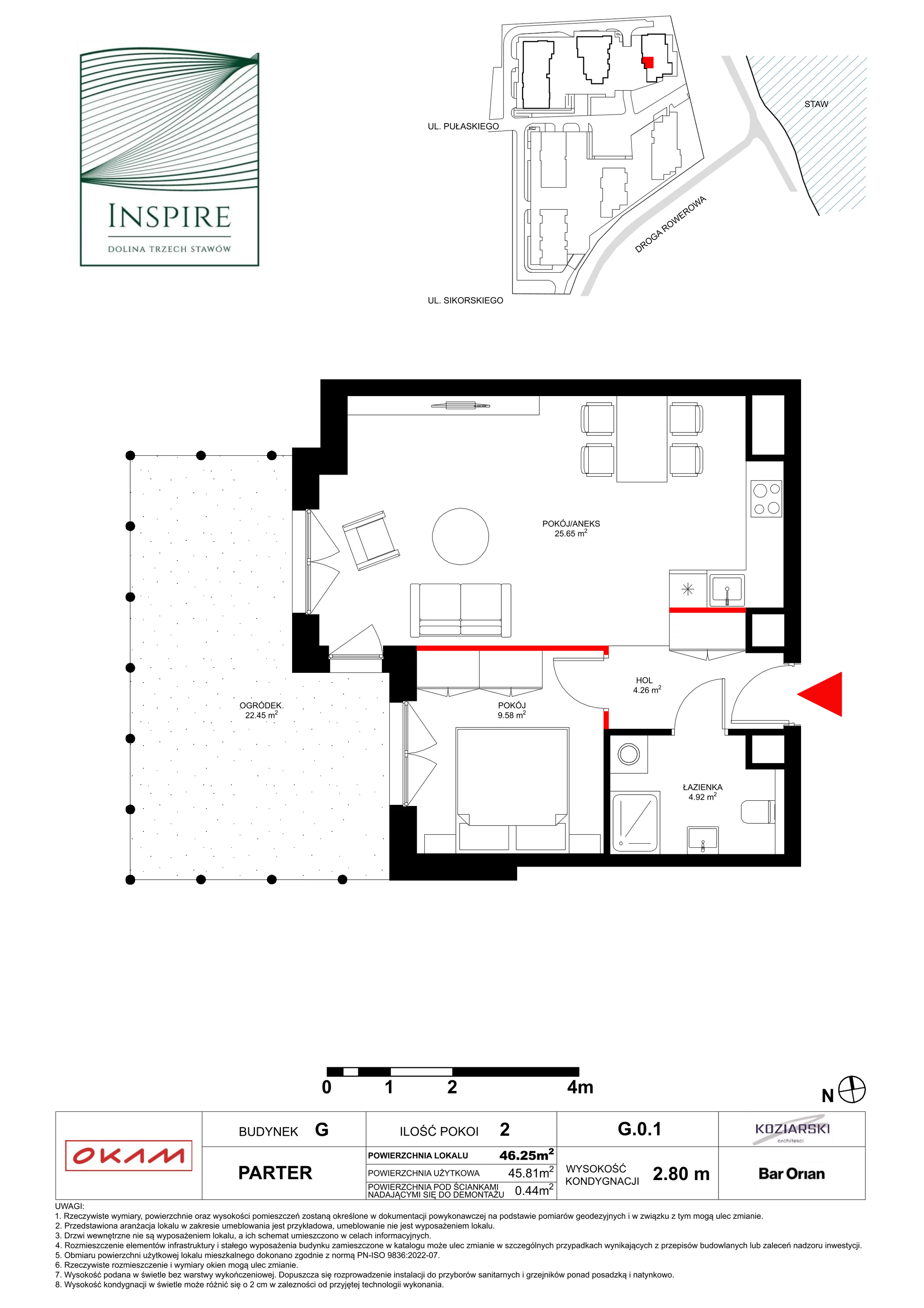 Mieszkanie 45,81 m², parter, oferta nr G.0.1, Inspire, Katowice, Osiedle Paderewskiego-Muchowiec, Dolina Trzech Stawów, ul. gen. Sikorskiego 41