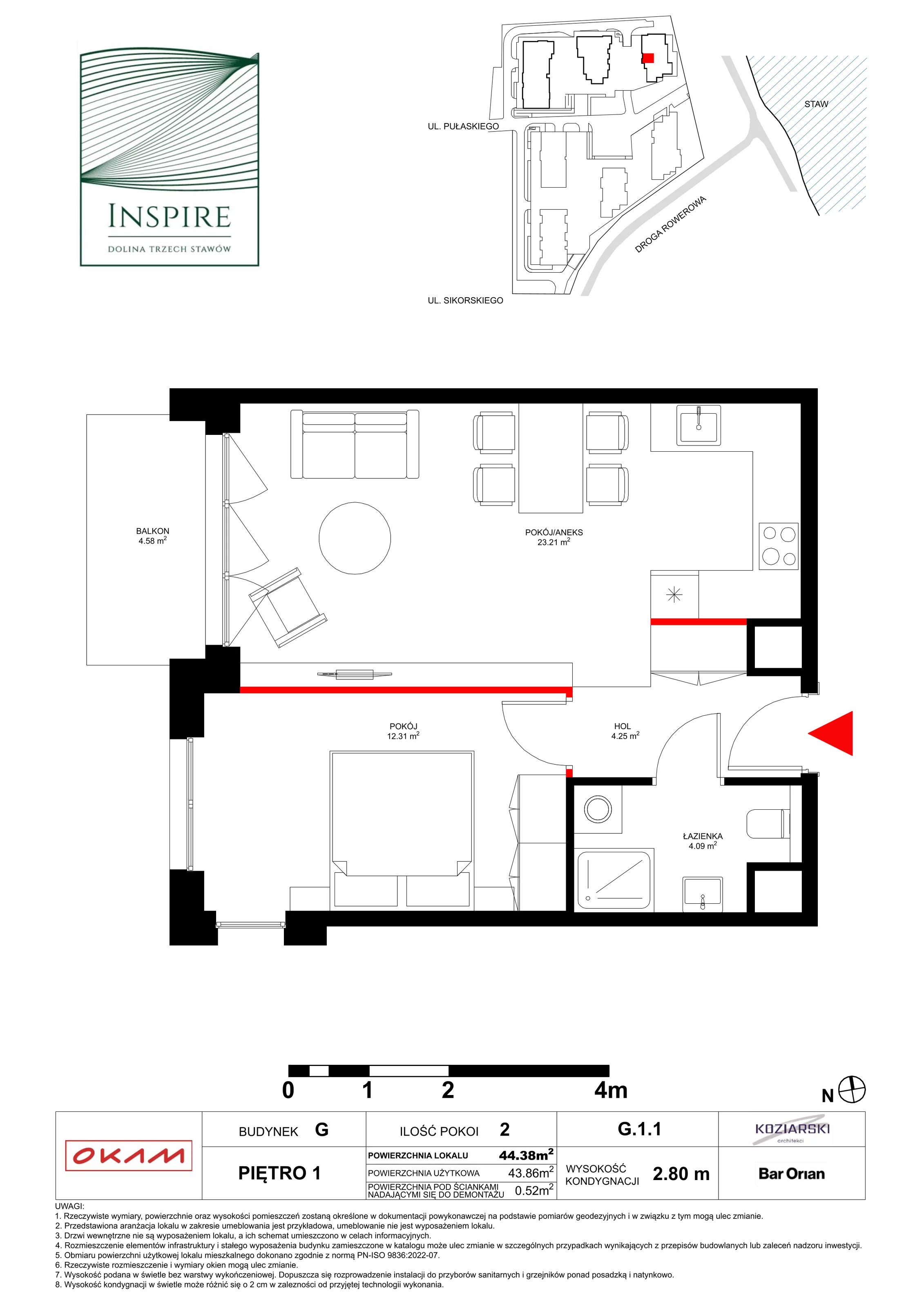 Apartament 43,82 m², piętro 1, oferta nr G.1.1, Inspire, Katowice, Osiedle Paderewskiego-Muchowiec, Dolina Trzech Stawów, ul. gen. Sikorskiego 41