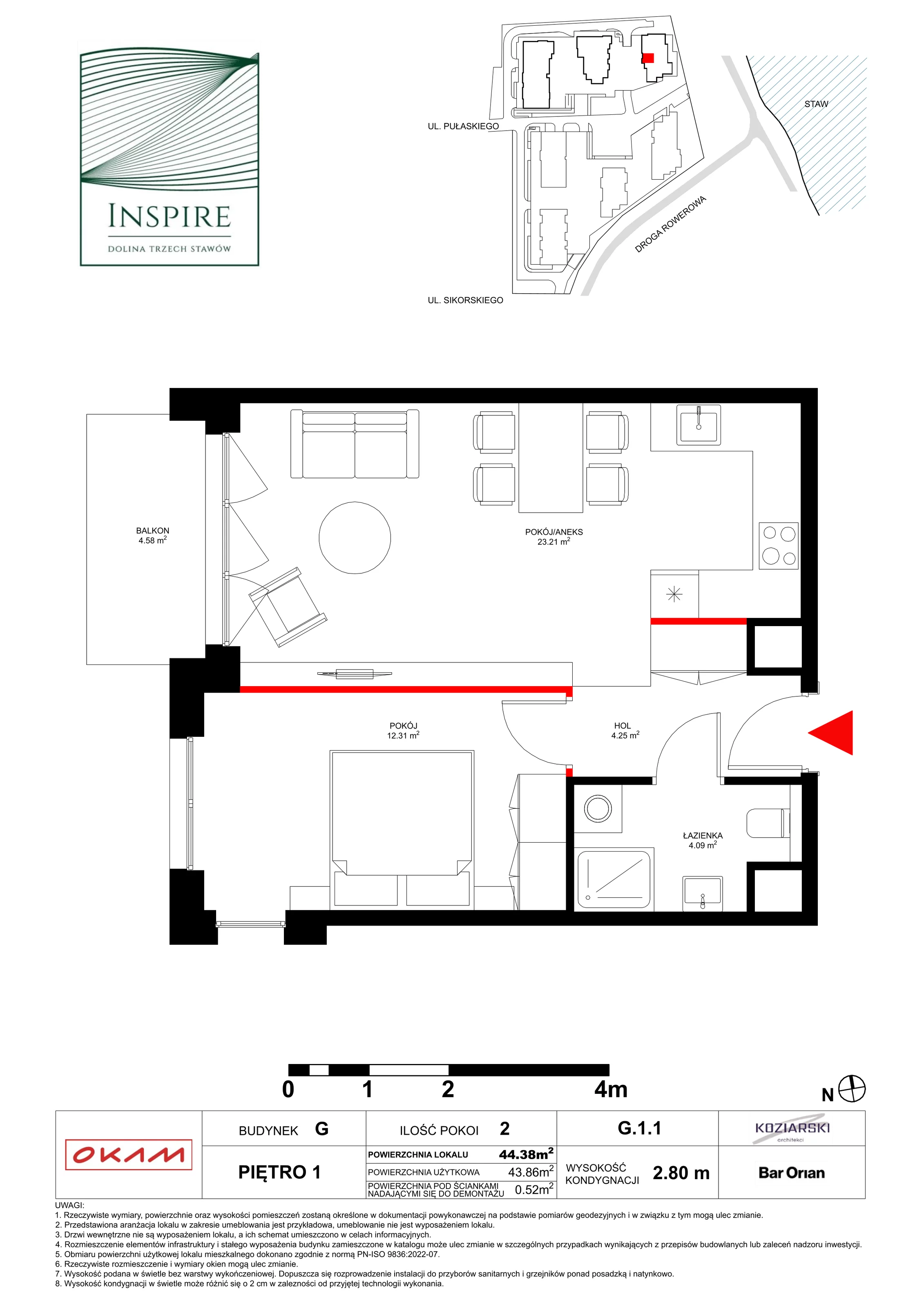 Mieszkanie 43,82 m², piętro 1, oferta nr G.1.1, Inspire, Katowice, Osiedle Paderewskiego-Muchowiec, Dolina Trzech Stawów, ul. gen. Sikorskiego 41