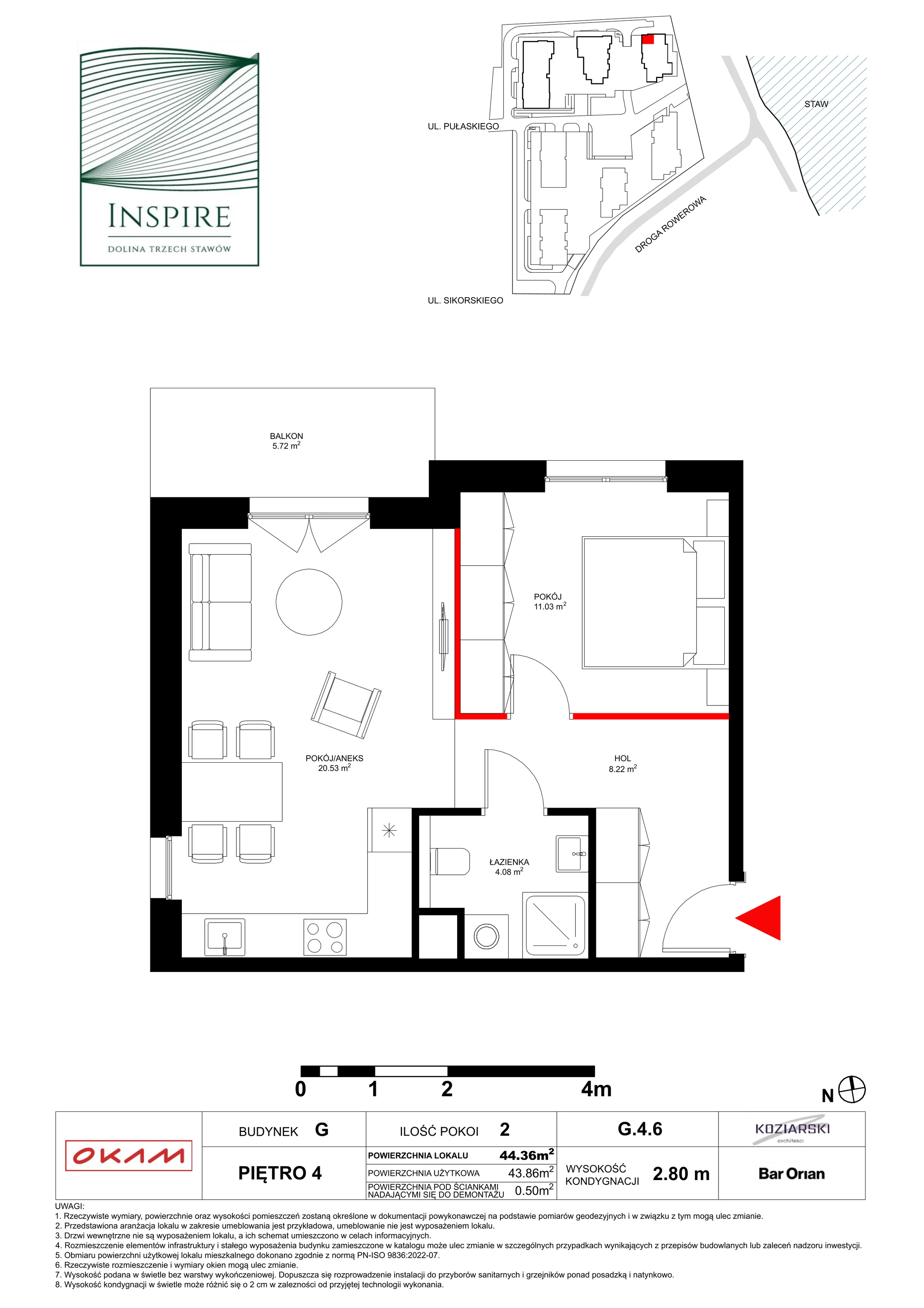 Mieszkanie 43,61 m², piętro 4, oferta nr G.4.6, Inspire, Katowice, Osiedle Paderewskiego-Muchowiec, Dolina Trzech Stawów, ul. gen. Sikorskiego 41