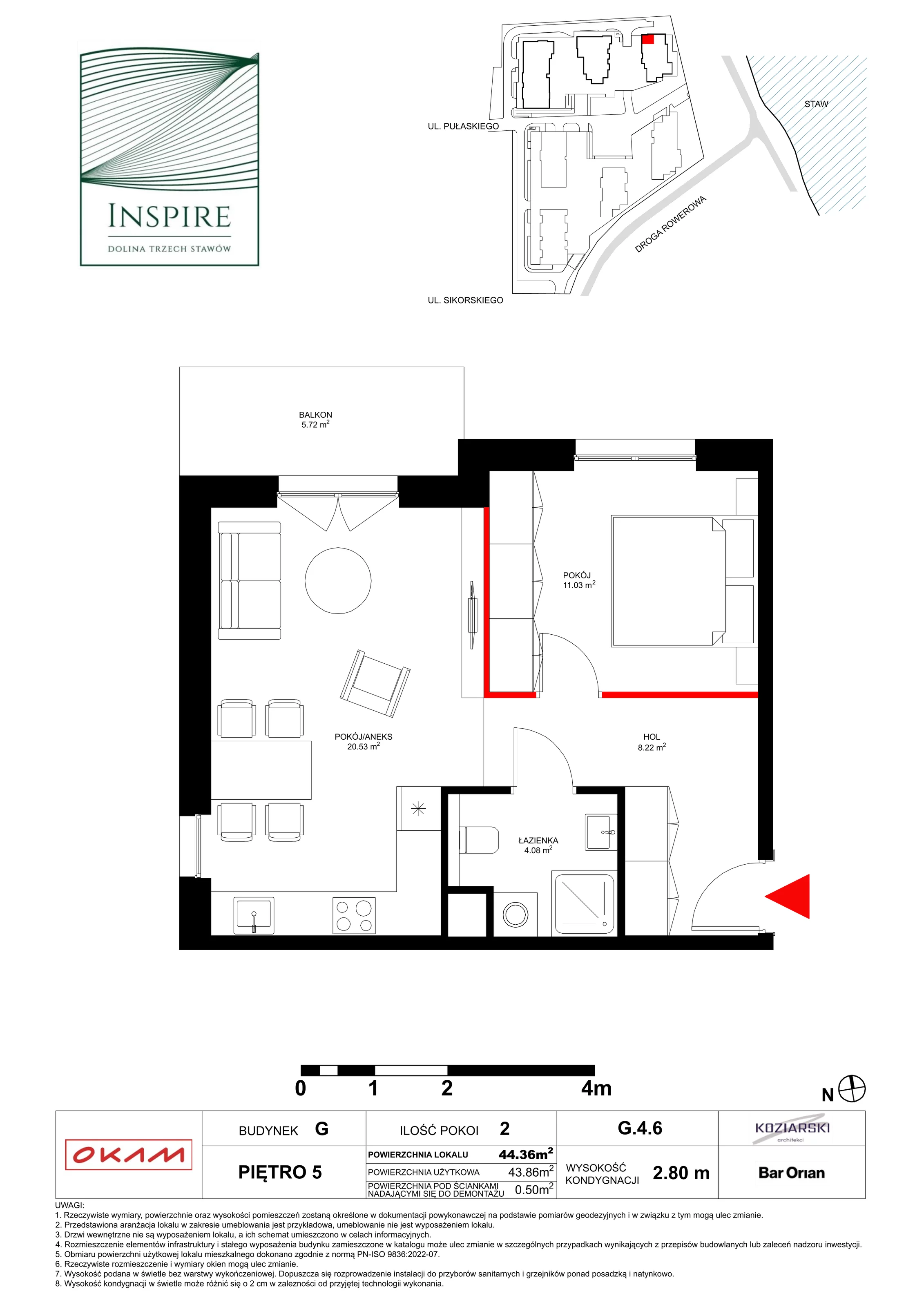 Mieszkanie 43,61 m², piętro 5, oferta nr G.5.6, Inspire, Katowice, Osiedle Paderewskiego-Muchowiec, Dolina Trzech Stawów, ul. gen. Sikorskiego 41