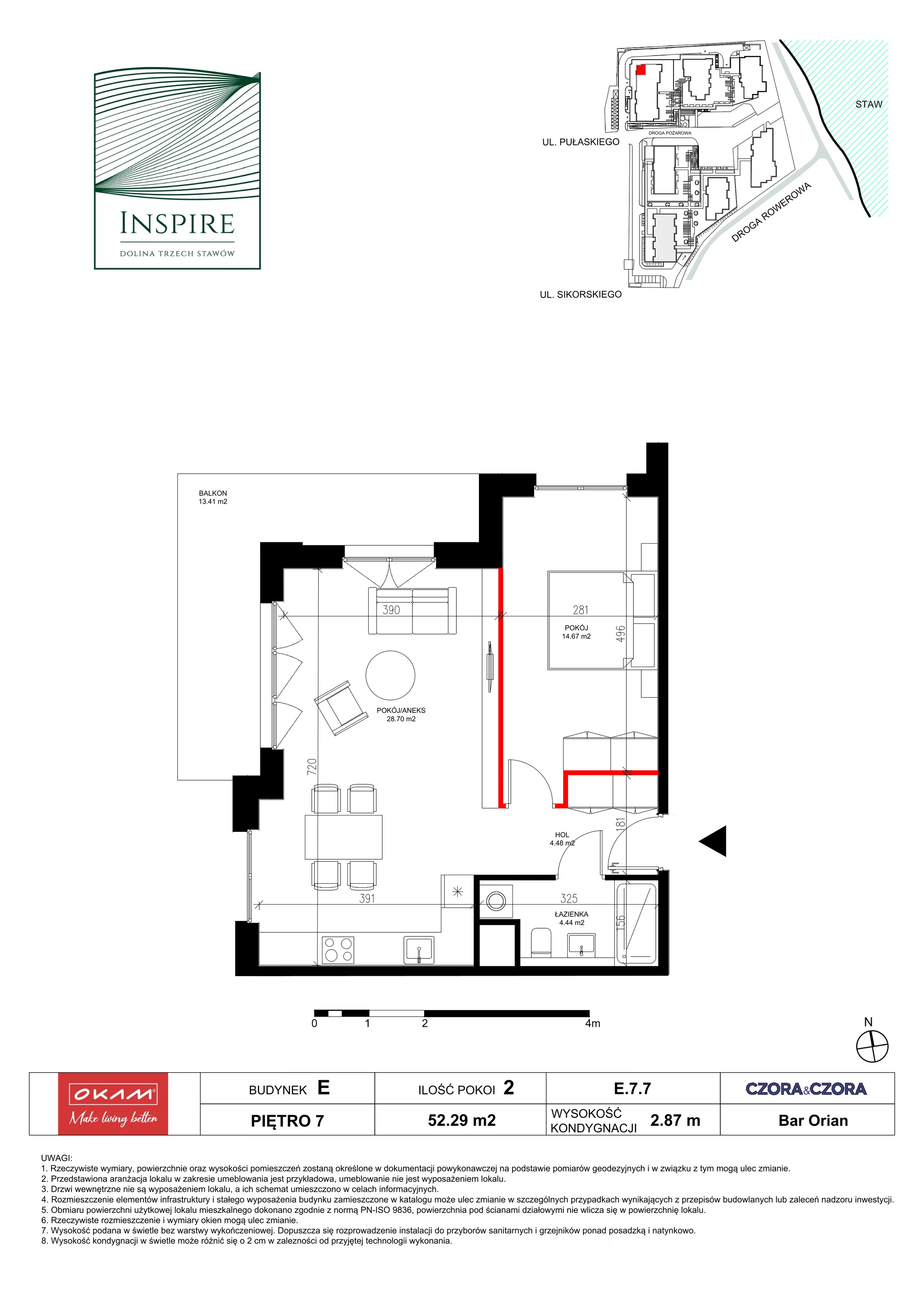 2 pokoje, mieszkanie 52,29 m², piętro 7, oferta nr E.7.7, Inspire, Katowice, Osiedle Paderewskiego-Muchowiec, Dolina Trzech Stawów, ul. gen. Sikorskiego 41