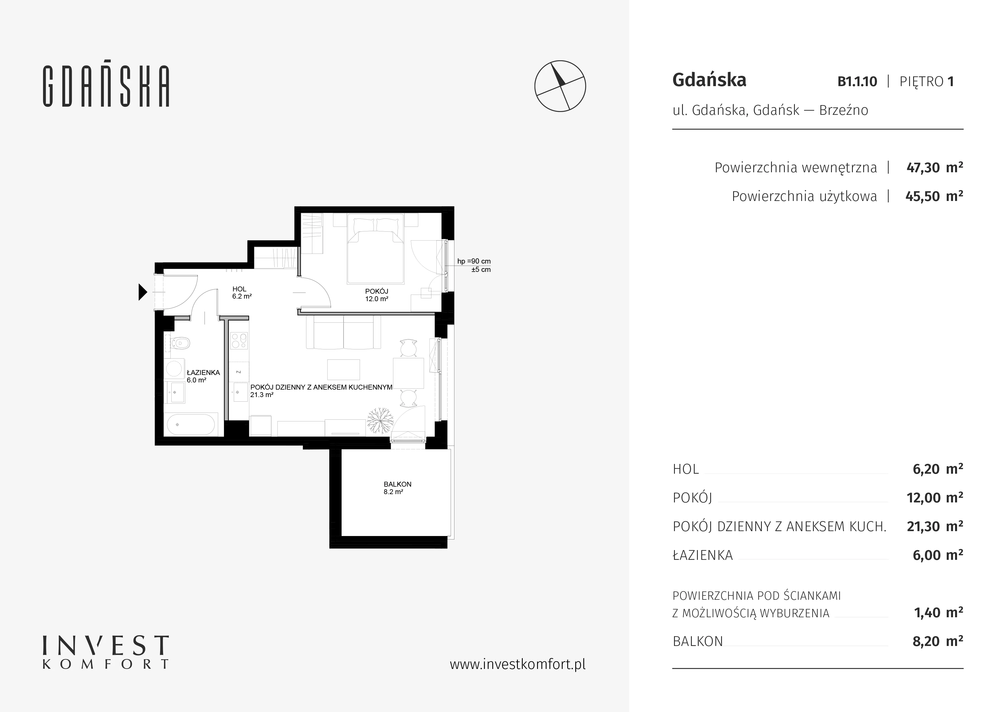 Mieszkanie 47,30 m², piętro 1, oferta nr B1.1.10, Gdańska, Gdańsk, Brzeźno, ul. Gdańska
