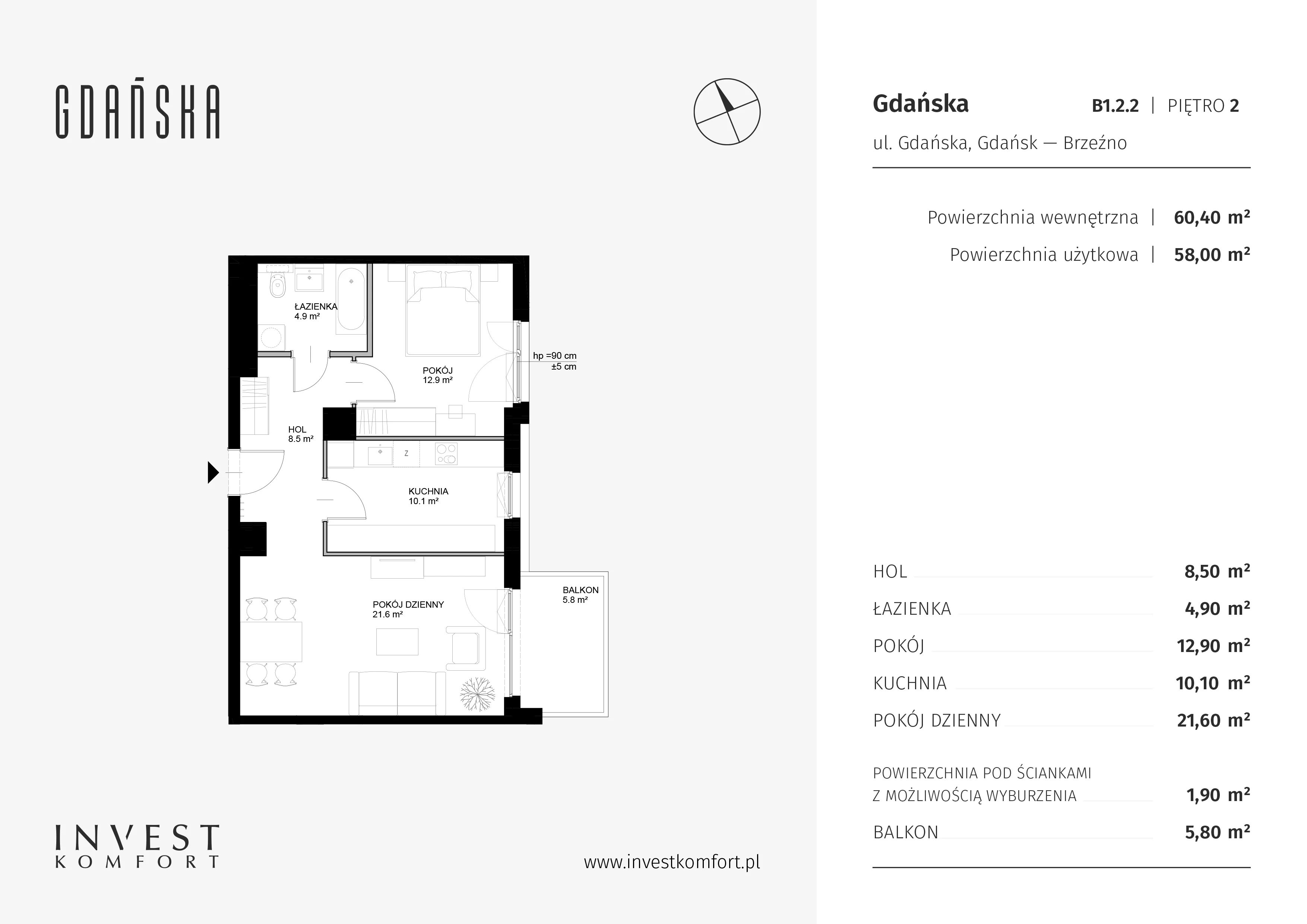 Mieszkanie 60,40 m², piętro 1, oferta nr B1.2.2, Gdańska, Gdańsk, Brzeźno, ul. Gdańska
