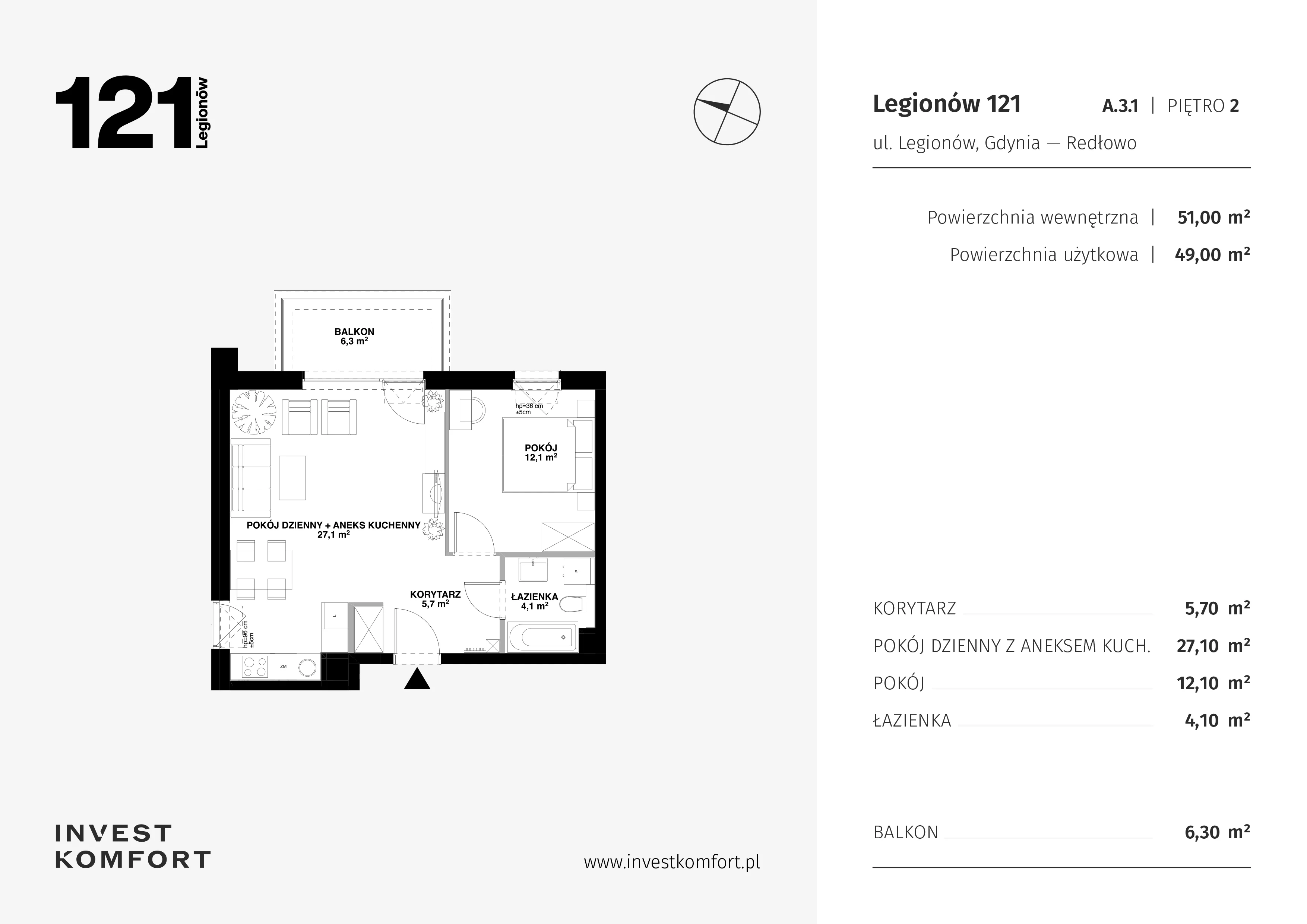 2 pokoje, apartament 51,00 m², piętro 2, oferta nr CYLK_CYLK_A.3.1, Legionów 121, Gdynia, Redłowo, ul. Legionów 121
