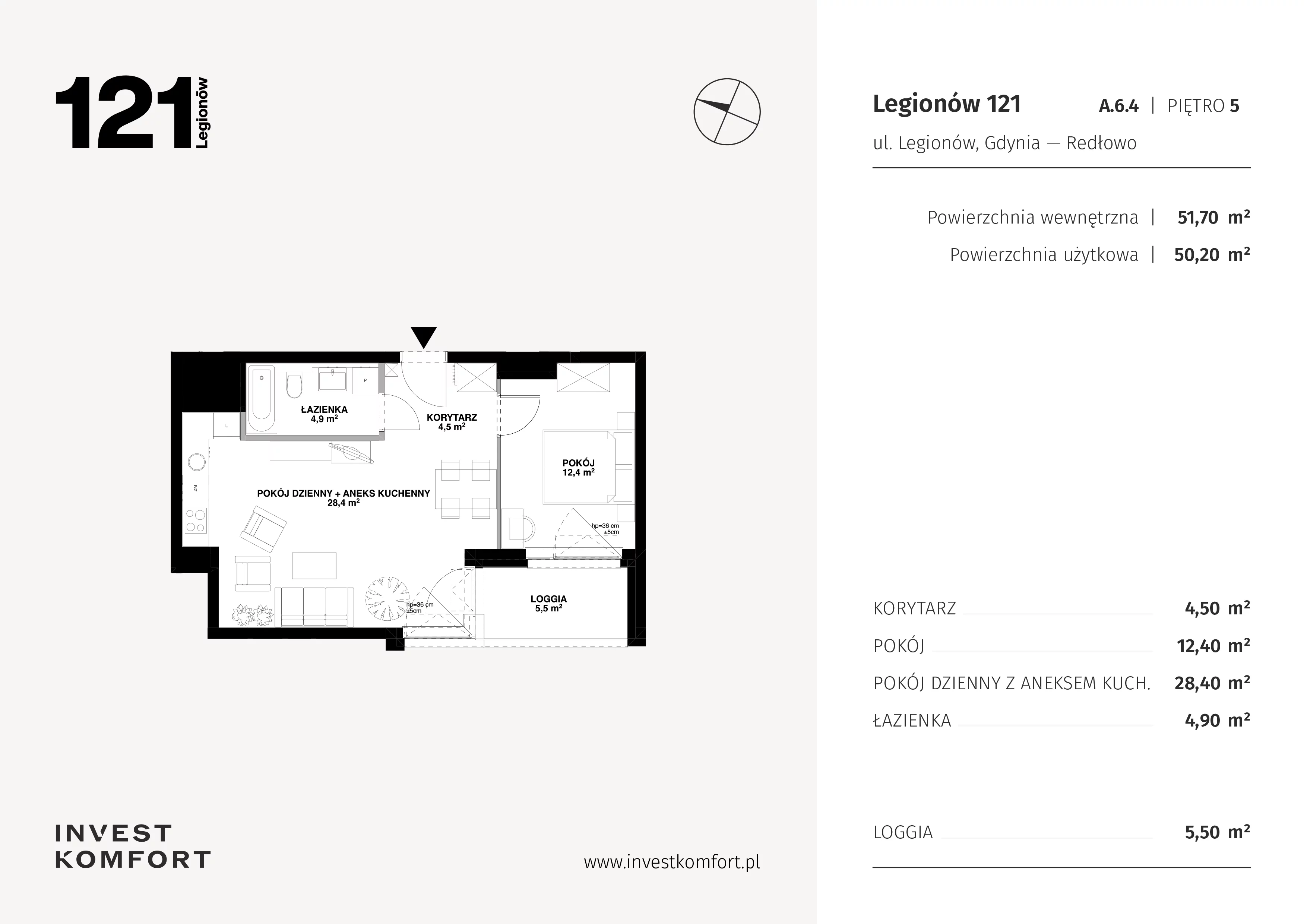 2 pokoje, apartament 51,70 m², piętro 5, oferta nr CYLK_CYLK_A.6.4, Legionów 121, Gdynia, Redłowo, ul. Legionów 121