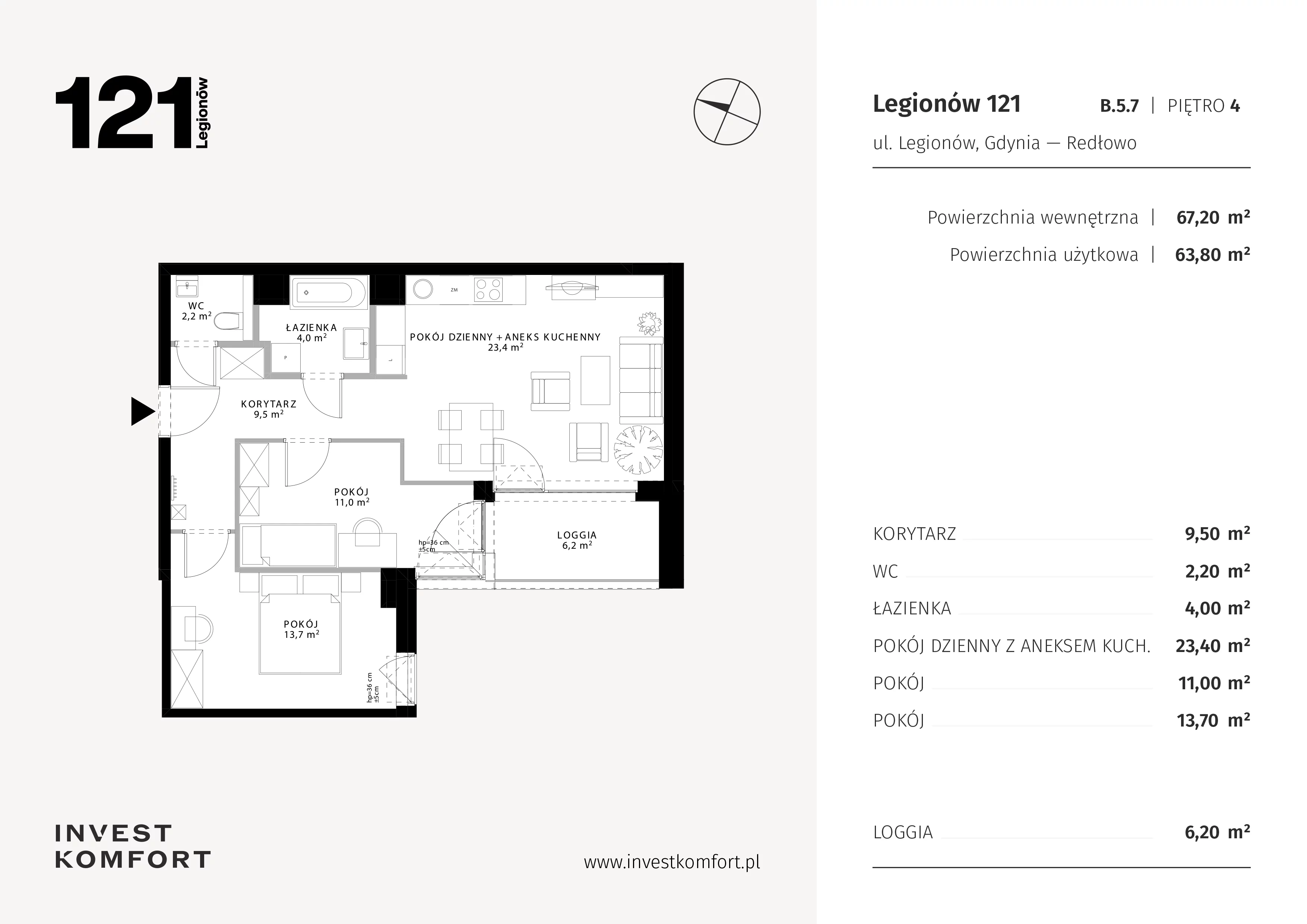 3 pokoje, apartament 67,20 m², piętro 4, oferta nr CYLK_CYLK_B.5.7, Legionów 121, Gdynia, Redłowo, ul. Legionów 121
