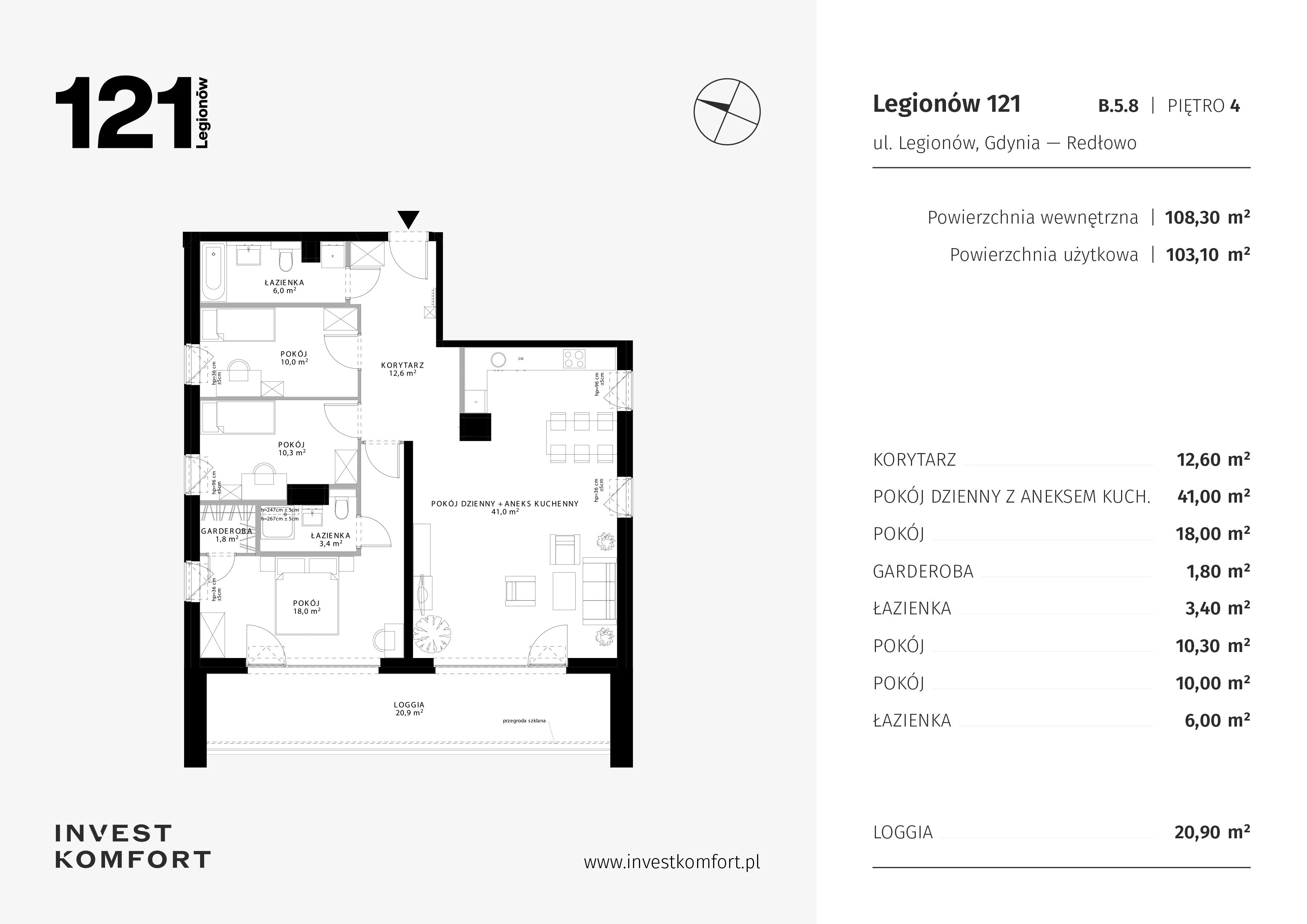 4 pokoje, apartament 108,30 m², piętro 4, oferta nr CYLK_CYLK_B.5.8, Legionów 121, Gdynia, Redłowo, ul. Legionów 121