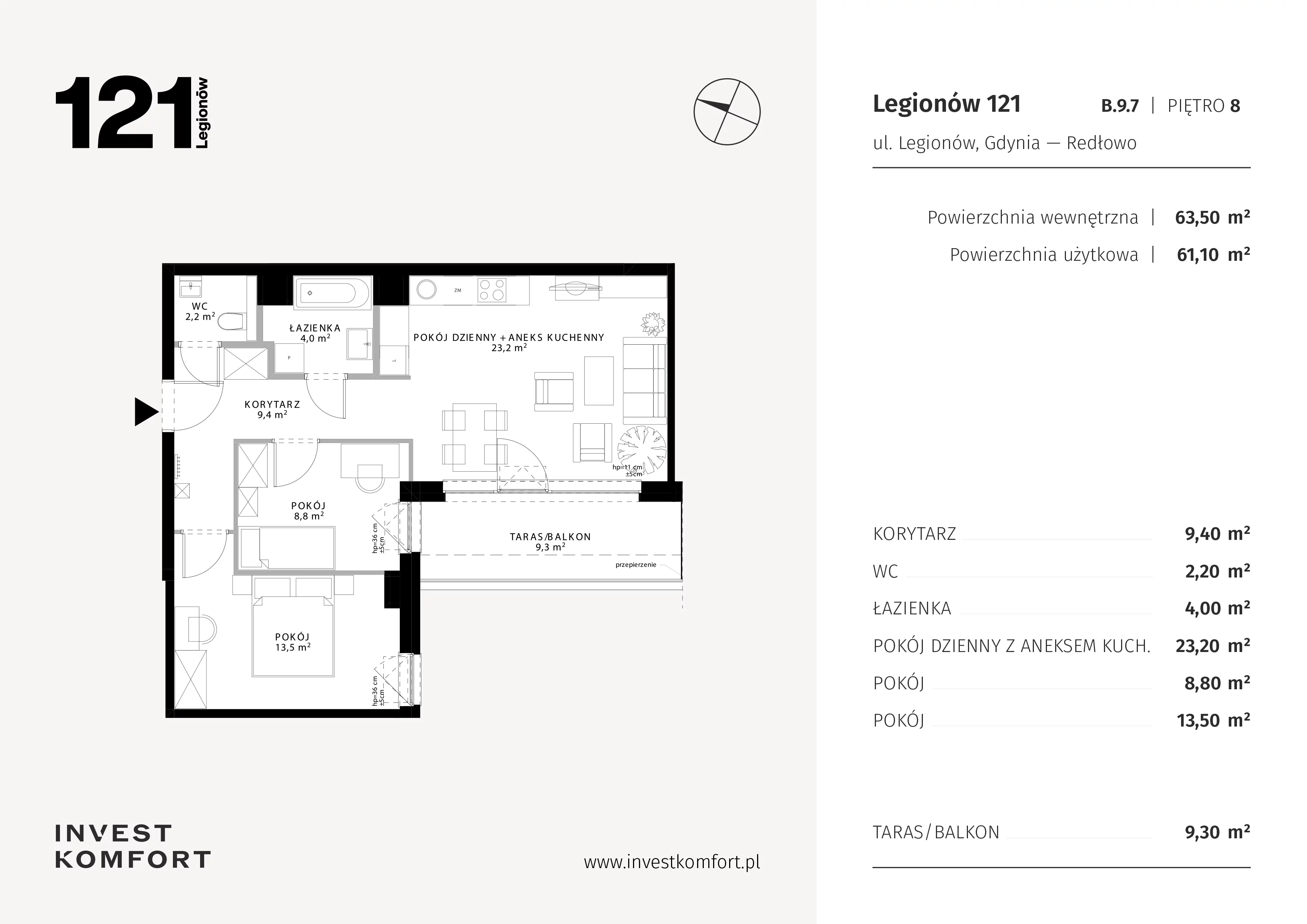 3 pokoje, apartament 63,50 m², piętro 8, oferta nr CYLK_CYLK_B.9.7, Legionów 121, Gdynia, Redłowo, ul. Legionów 121