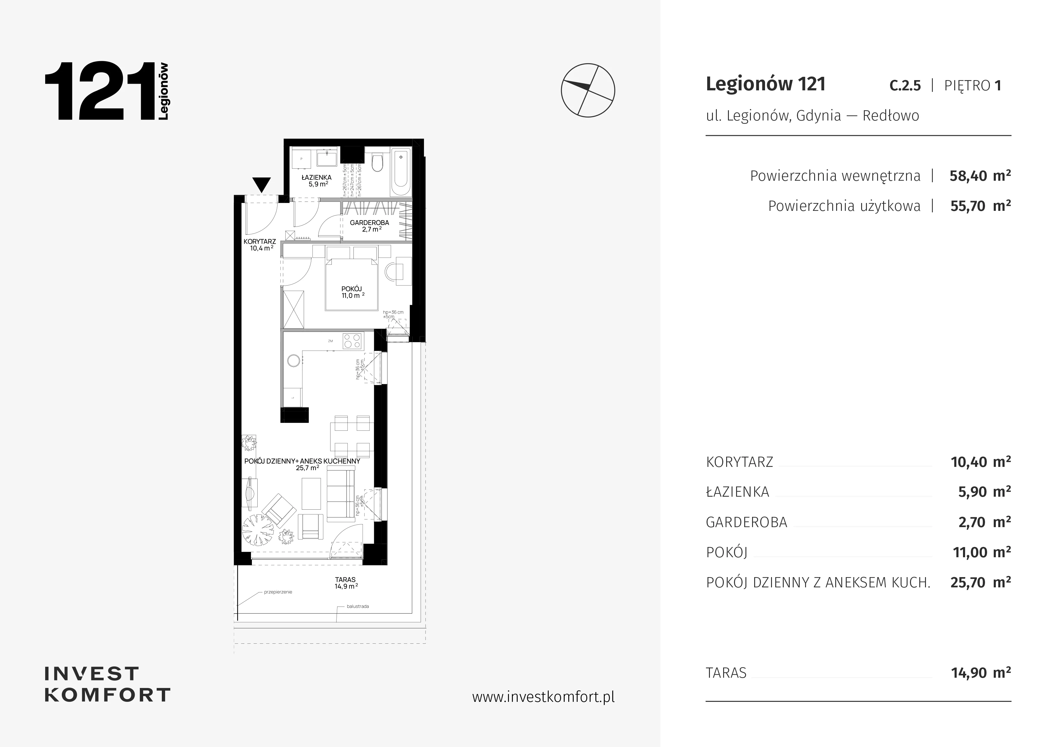 2 pokoje, apartament 58,40 m², piętro 1, oferta nr CYLK_CYLK_C.2.5, Legionów 121, Gdynia, Redłowo, ul. Legionów 121